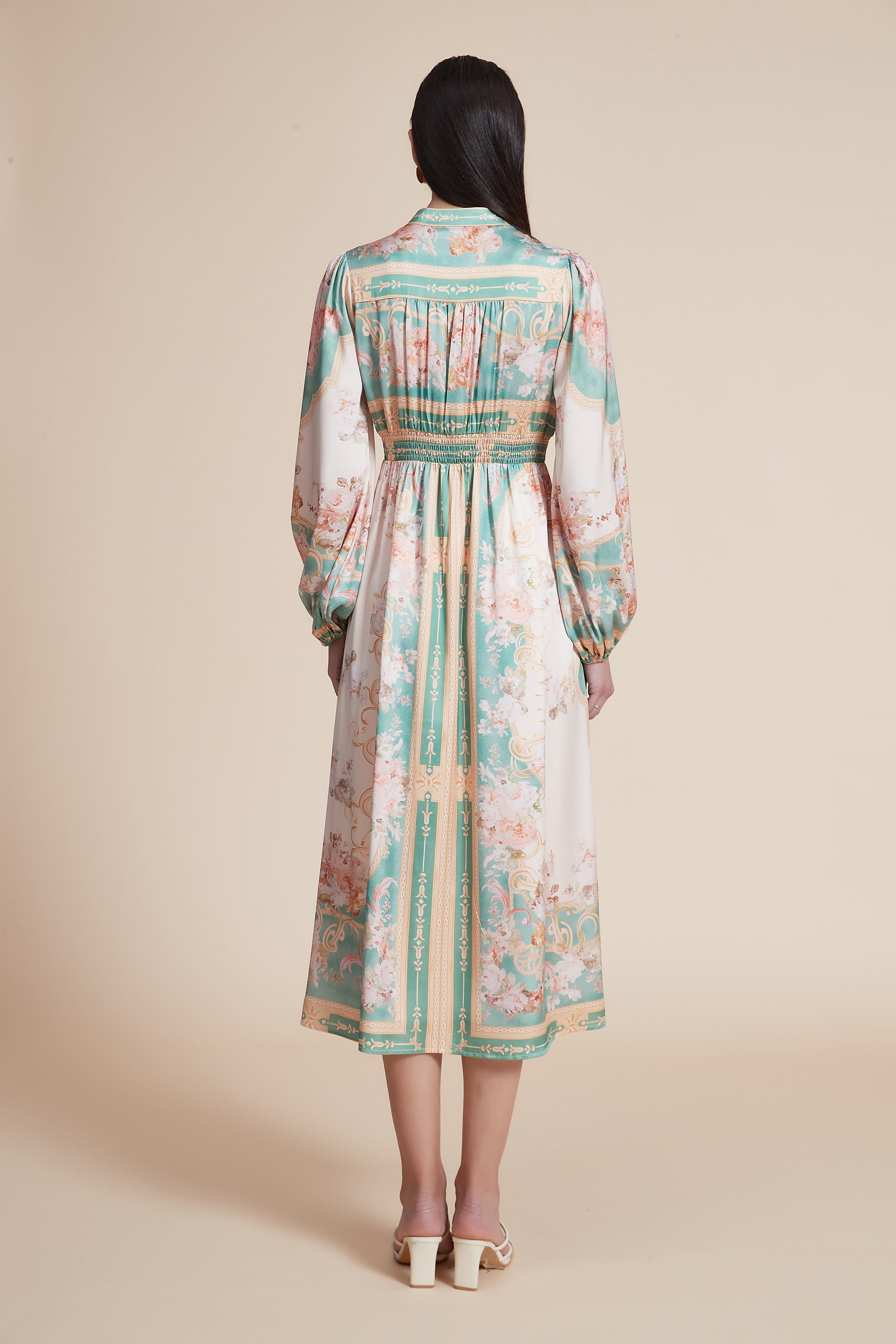 Printed Midi Dress with Loose Long Sleeves