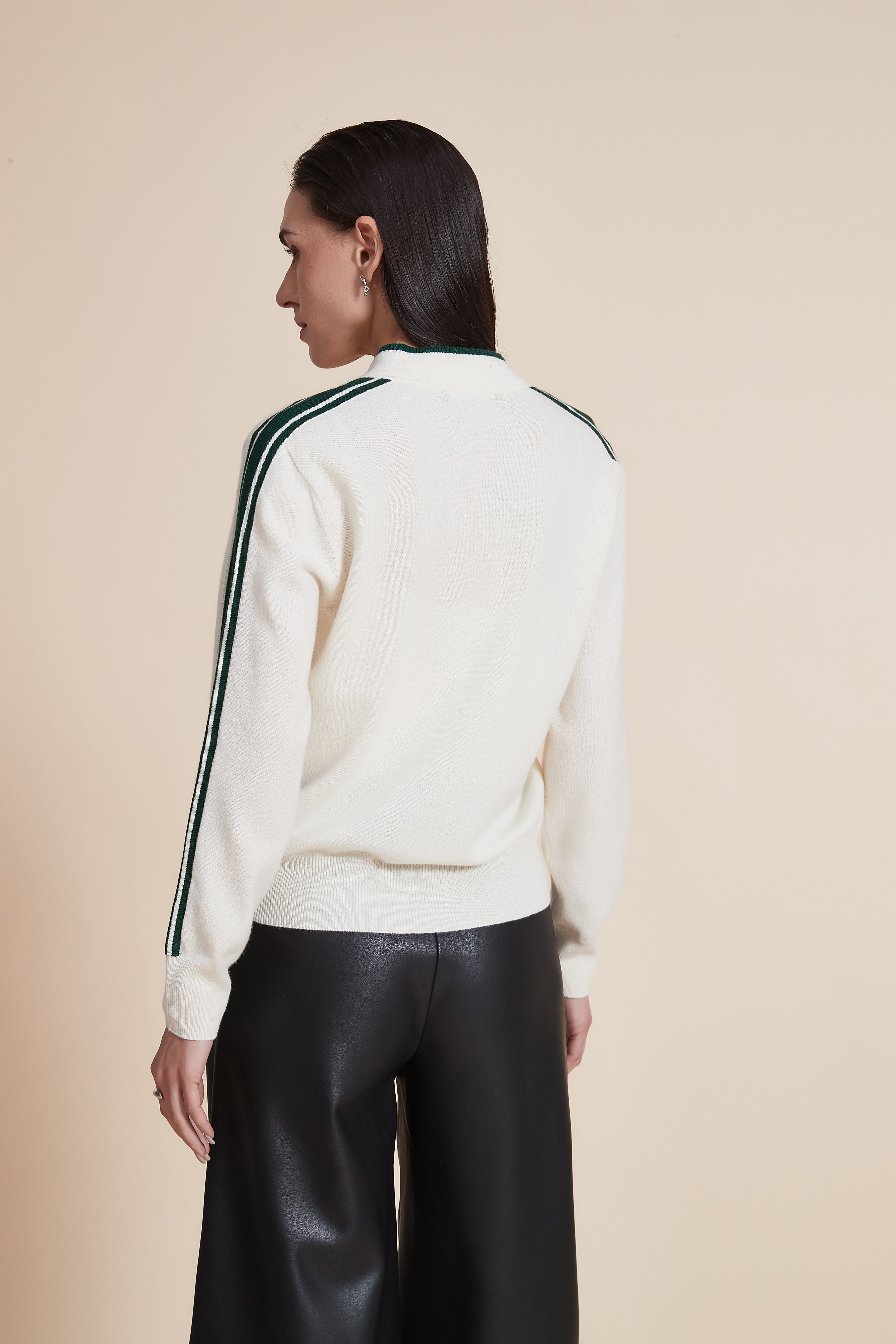 V-Neck Solid Sweater with Stripes on Sleeves