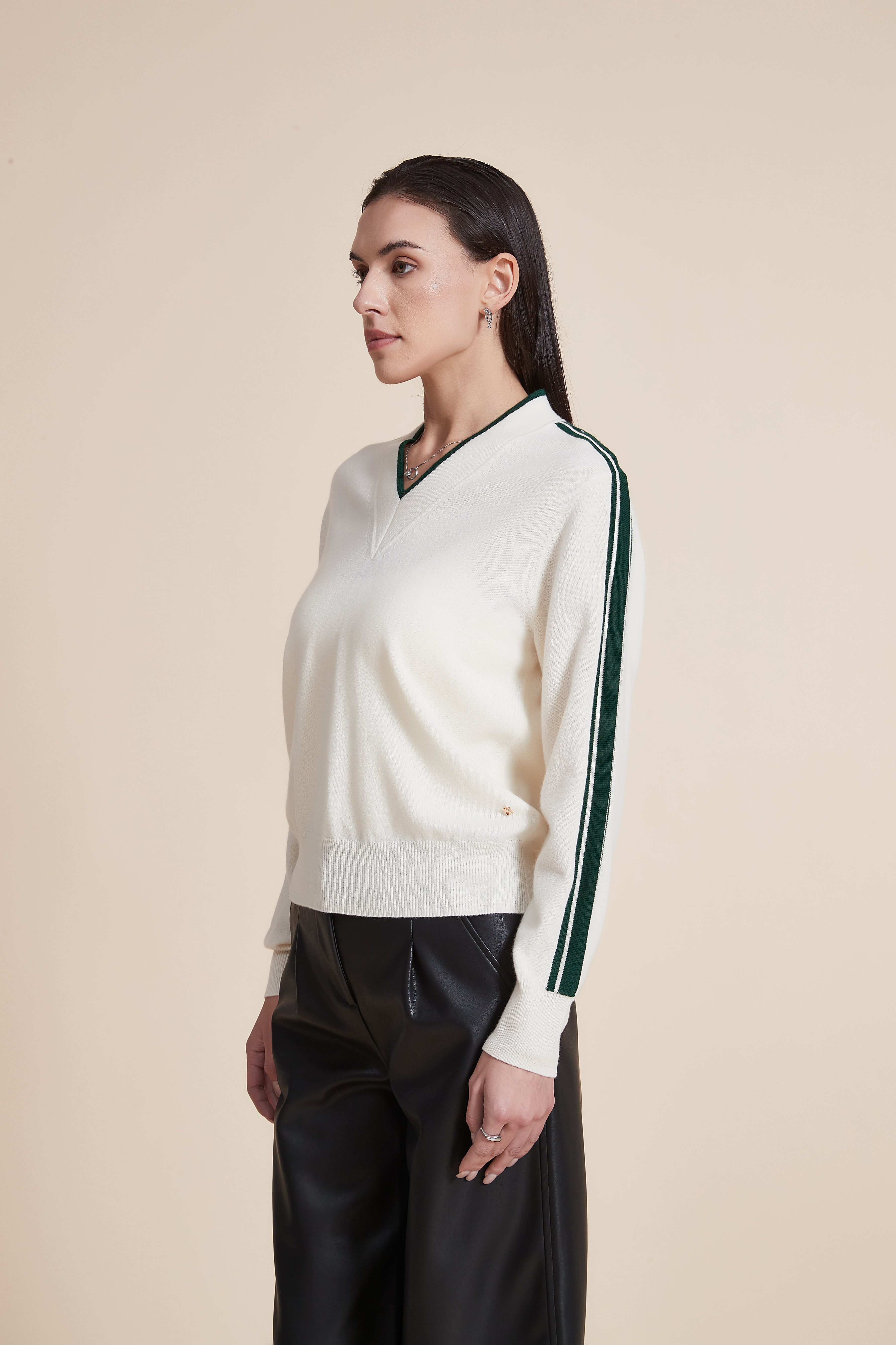 V-Neck Solid Sweater with Stripes on Sleeves