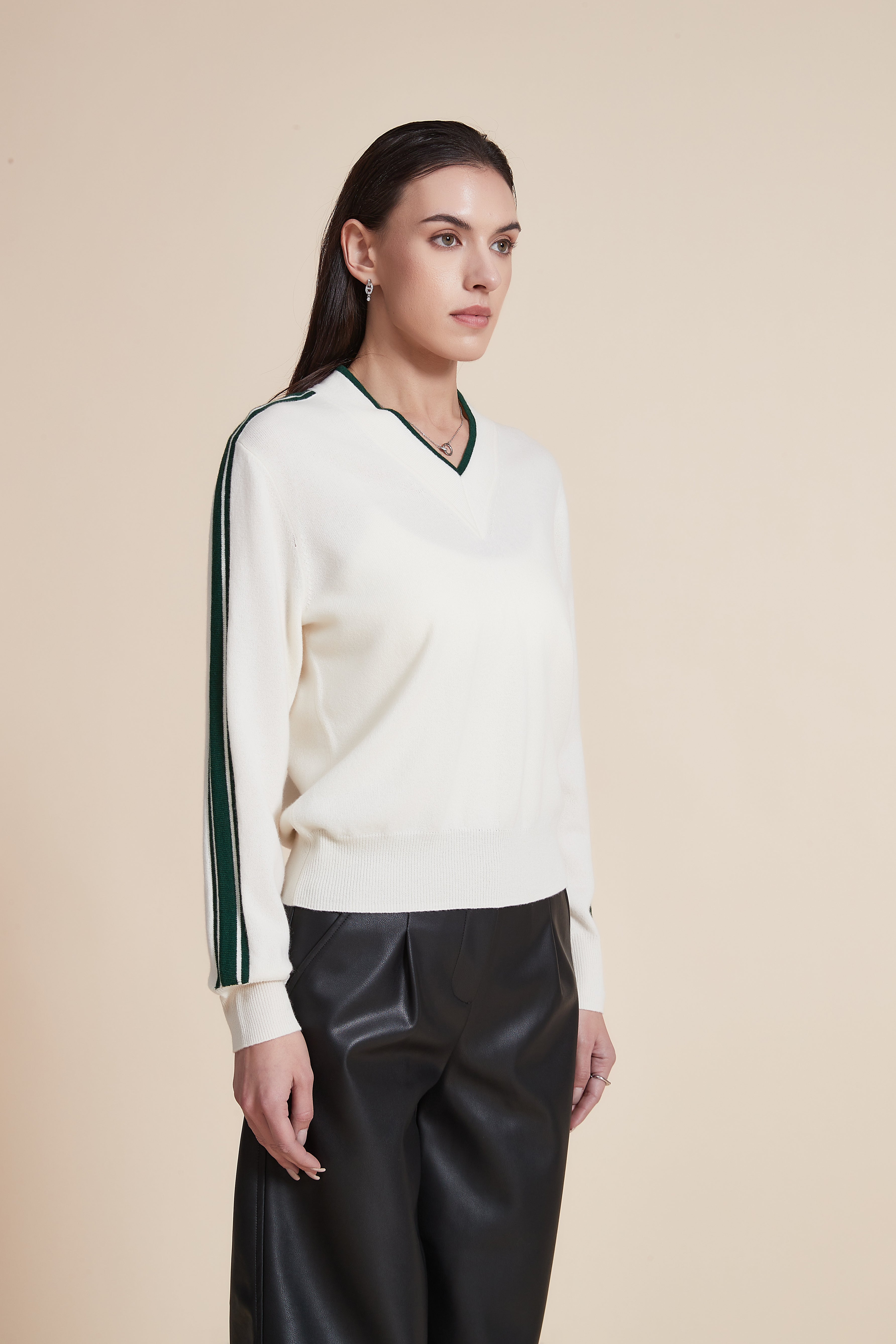 V-Neck Solid Sweater with Stripes on Sleeves