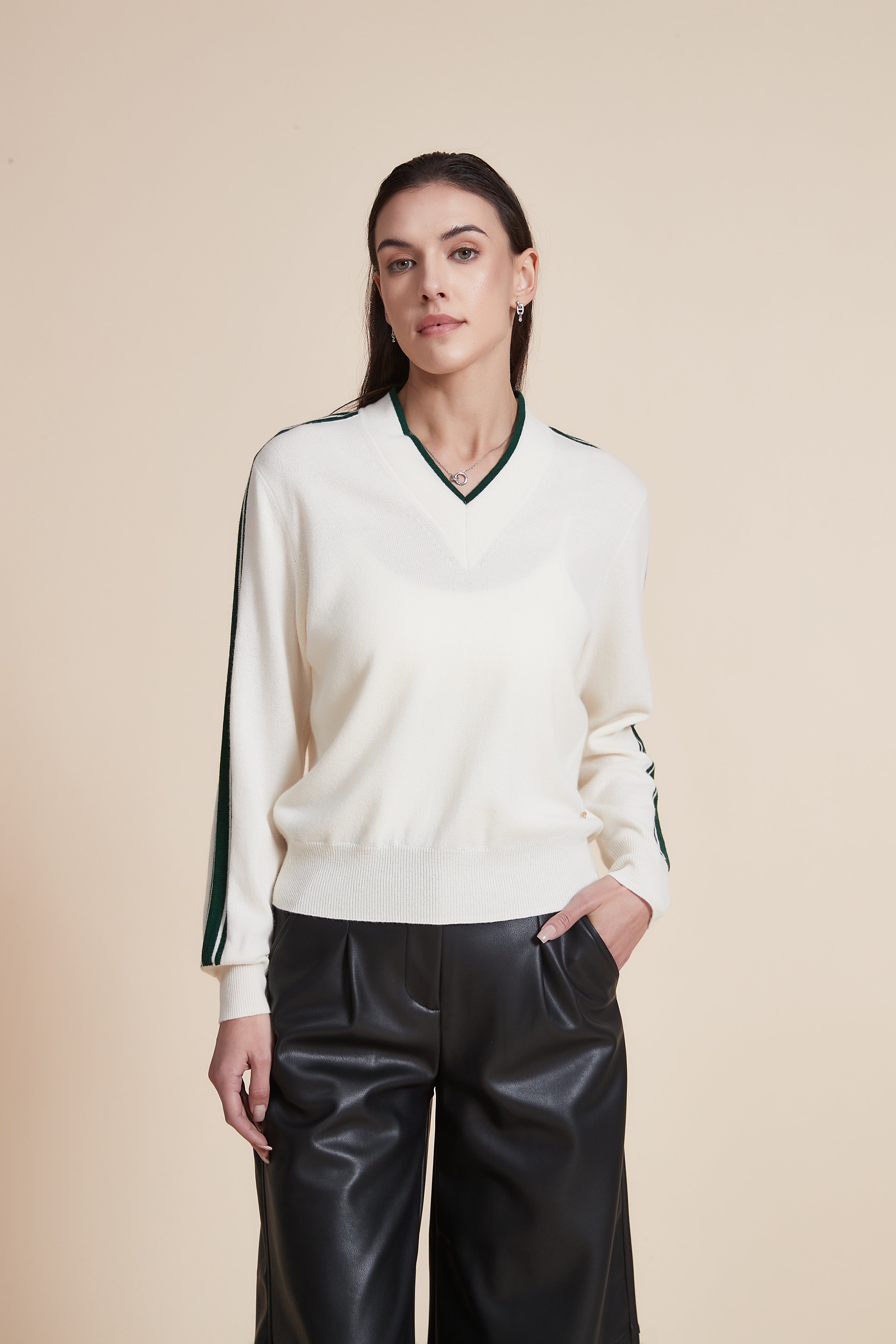 V-Neck Solid Sweater with Stripes on Sleeves