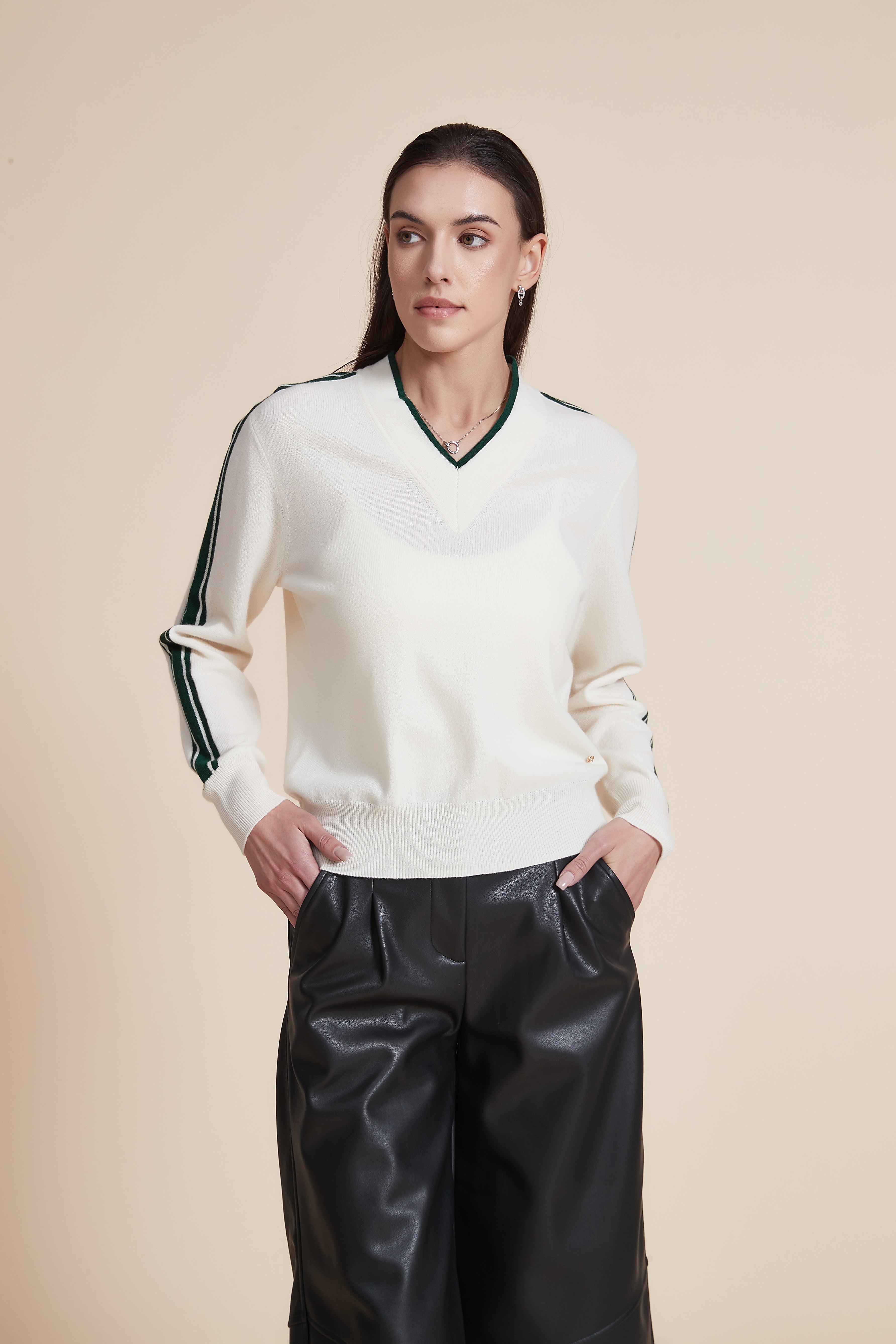 V-Neck Solid Sweater with Stripes on Sleeves