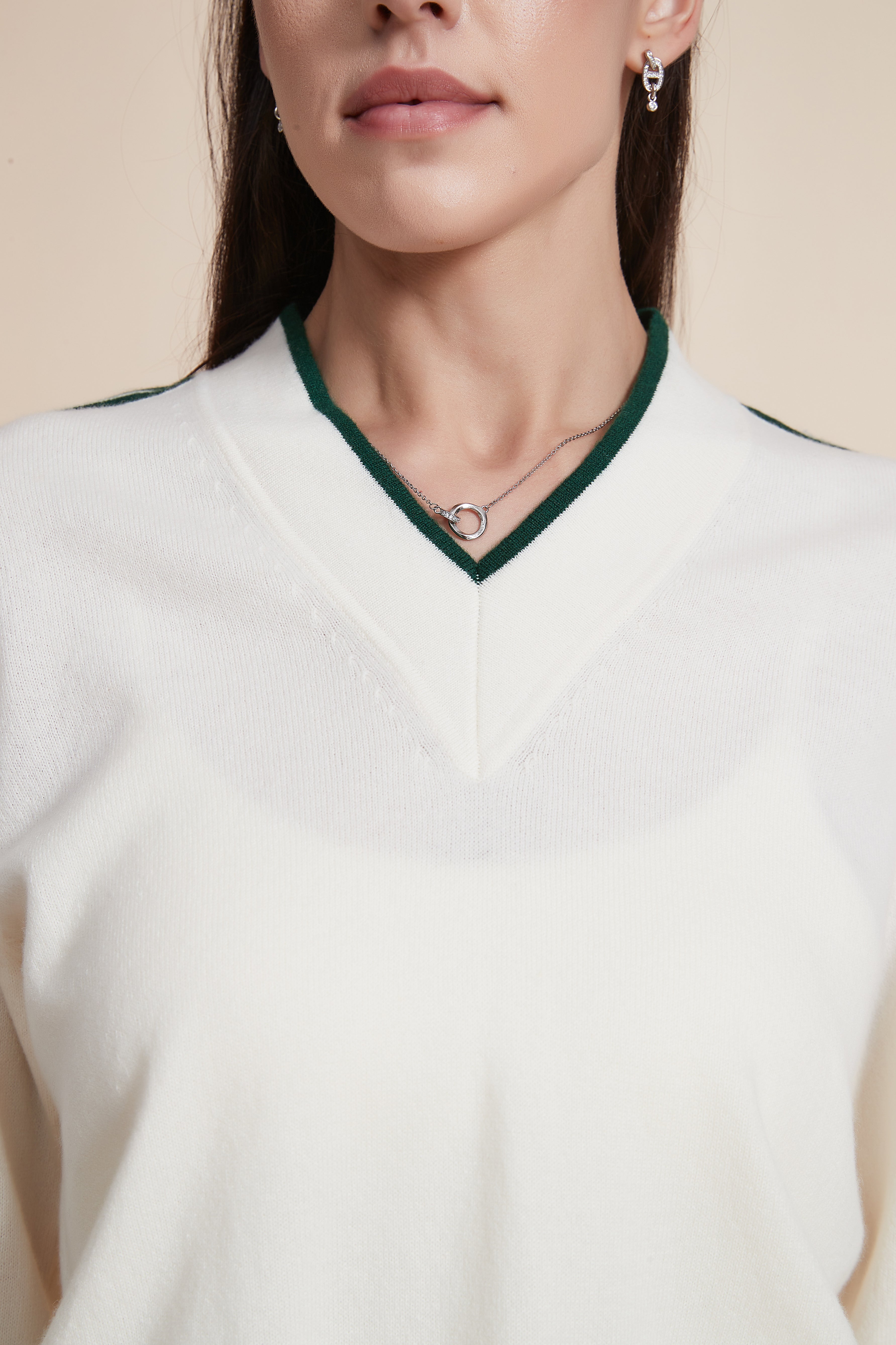 V-Neck Solid Sweater with Stripes on Sleeves