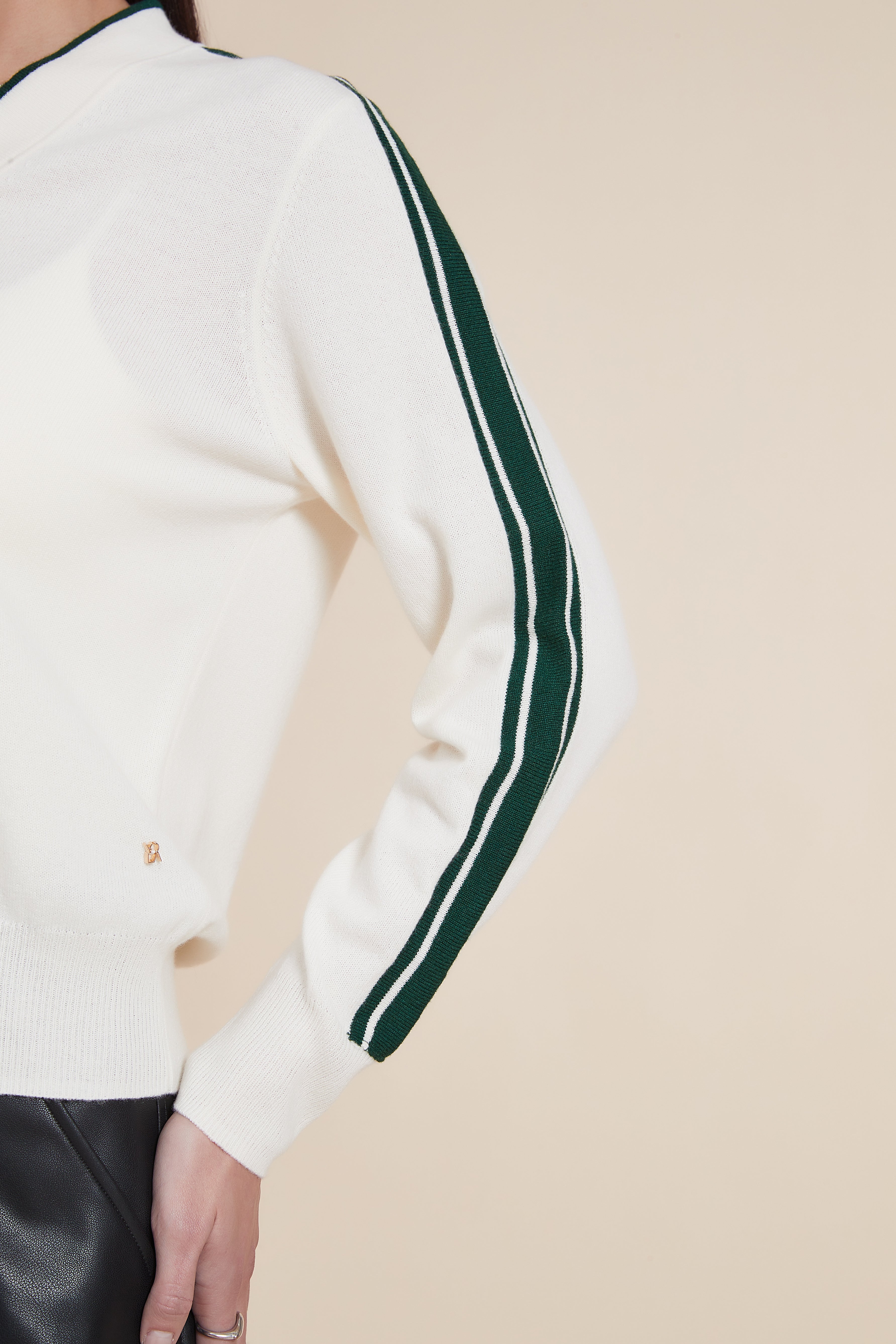 V-Neck Solid Sweater with Stripes on Sleeves
