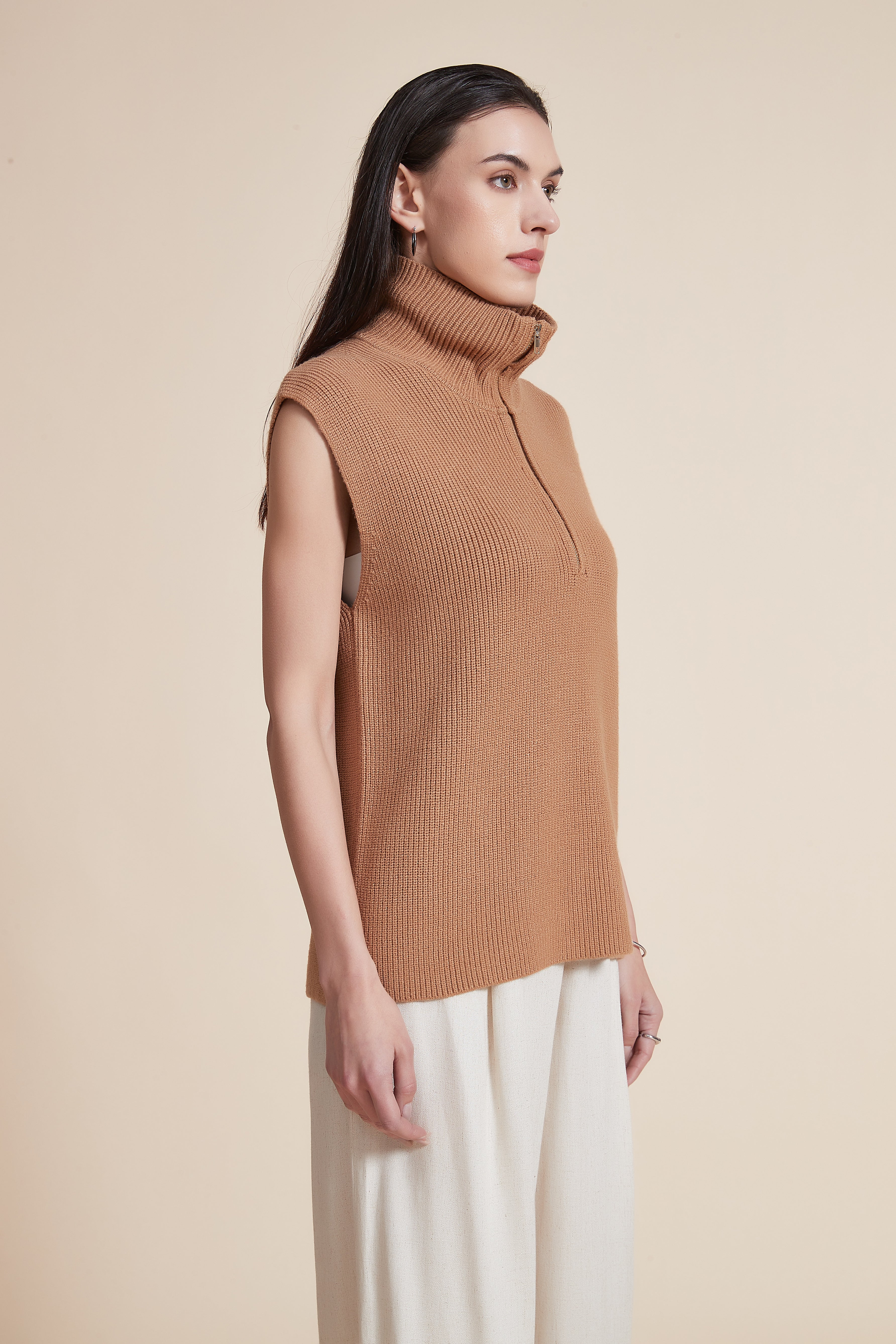 High Neck Sleeveless Zip Sweater