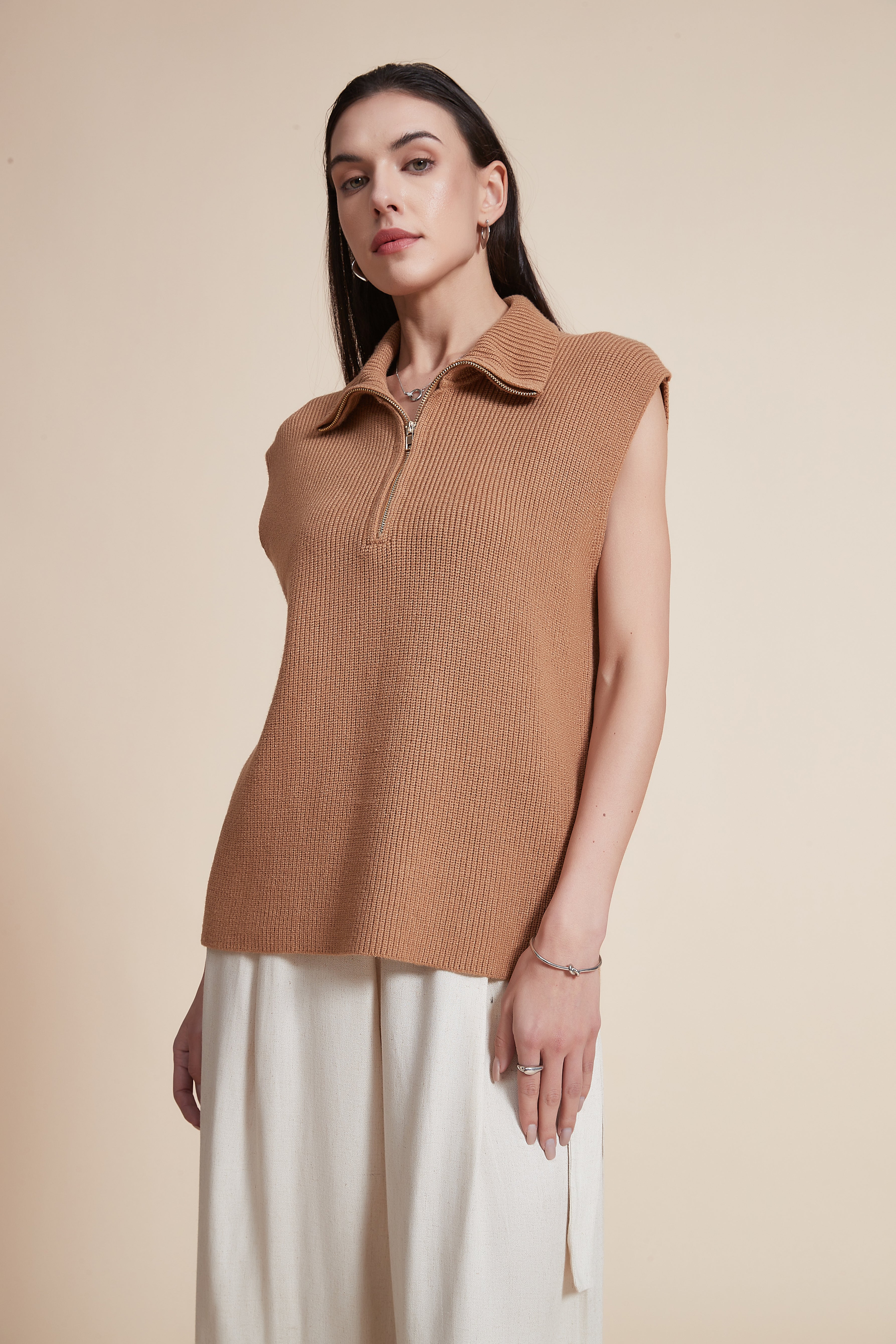 High Neck Sleeveless Zip Sweater