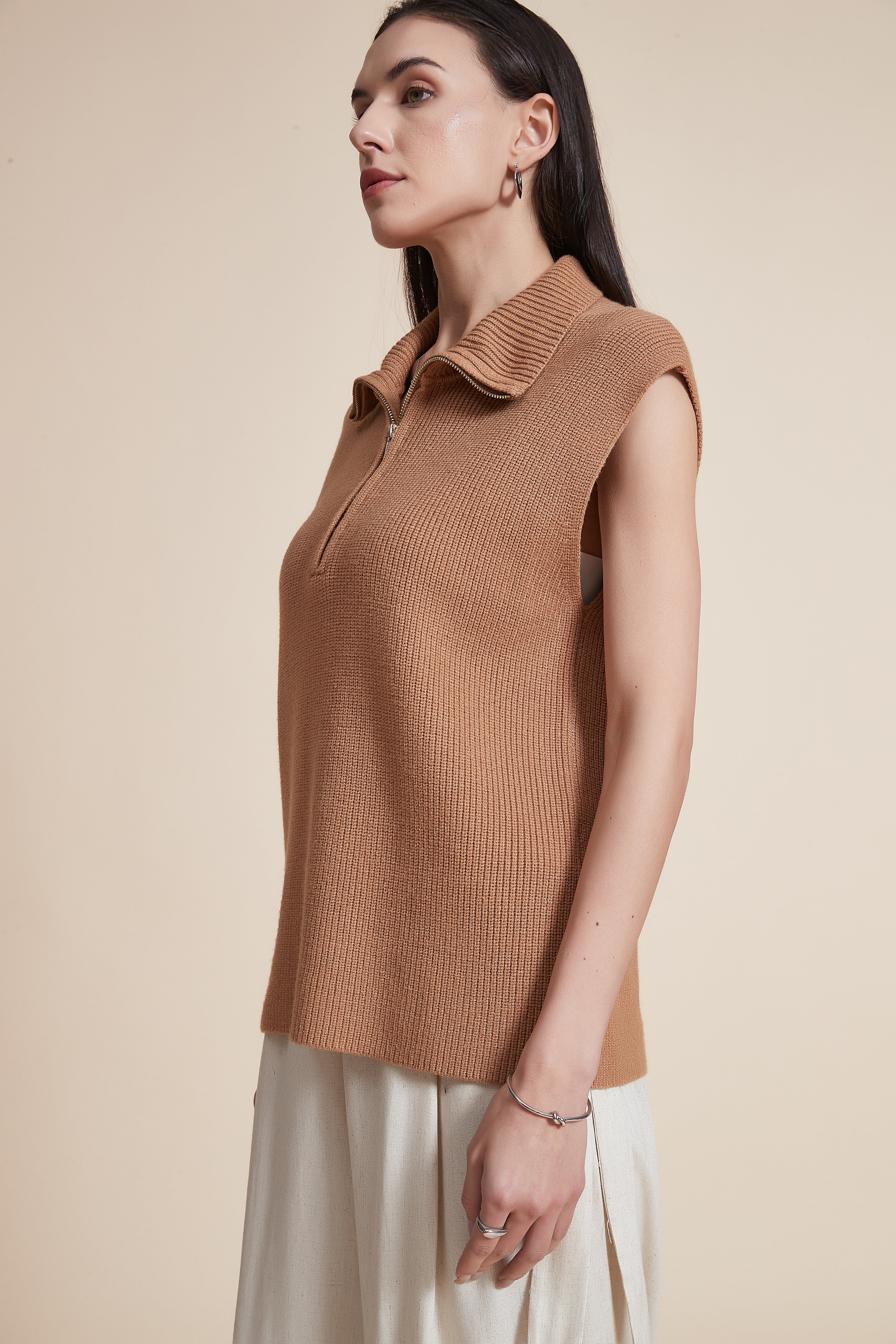 High Neck Sleeveless Zip Sweater