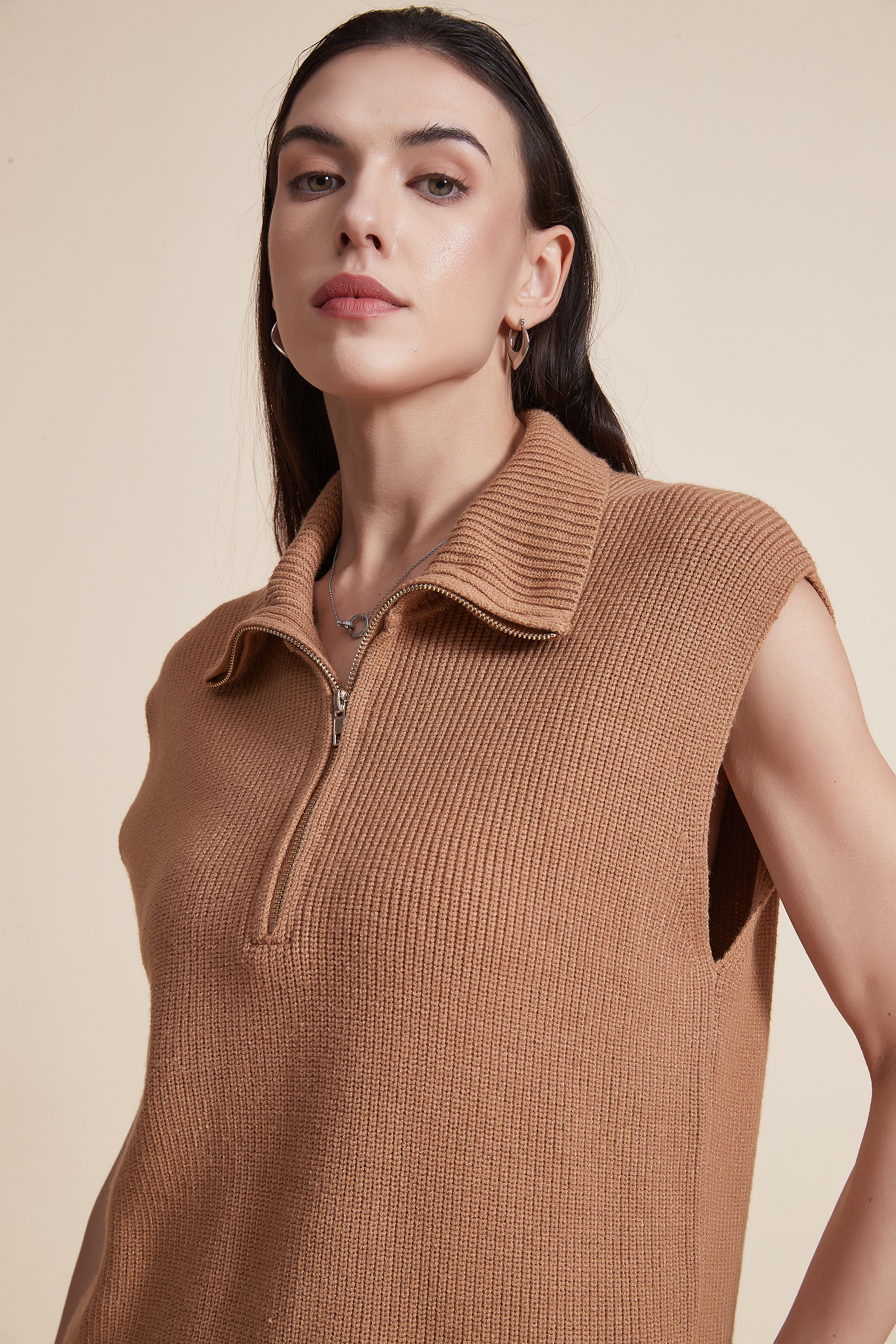 High Neck Sleeveless Zip Sweater