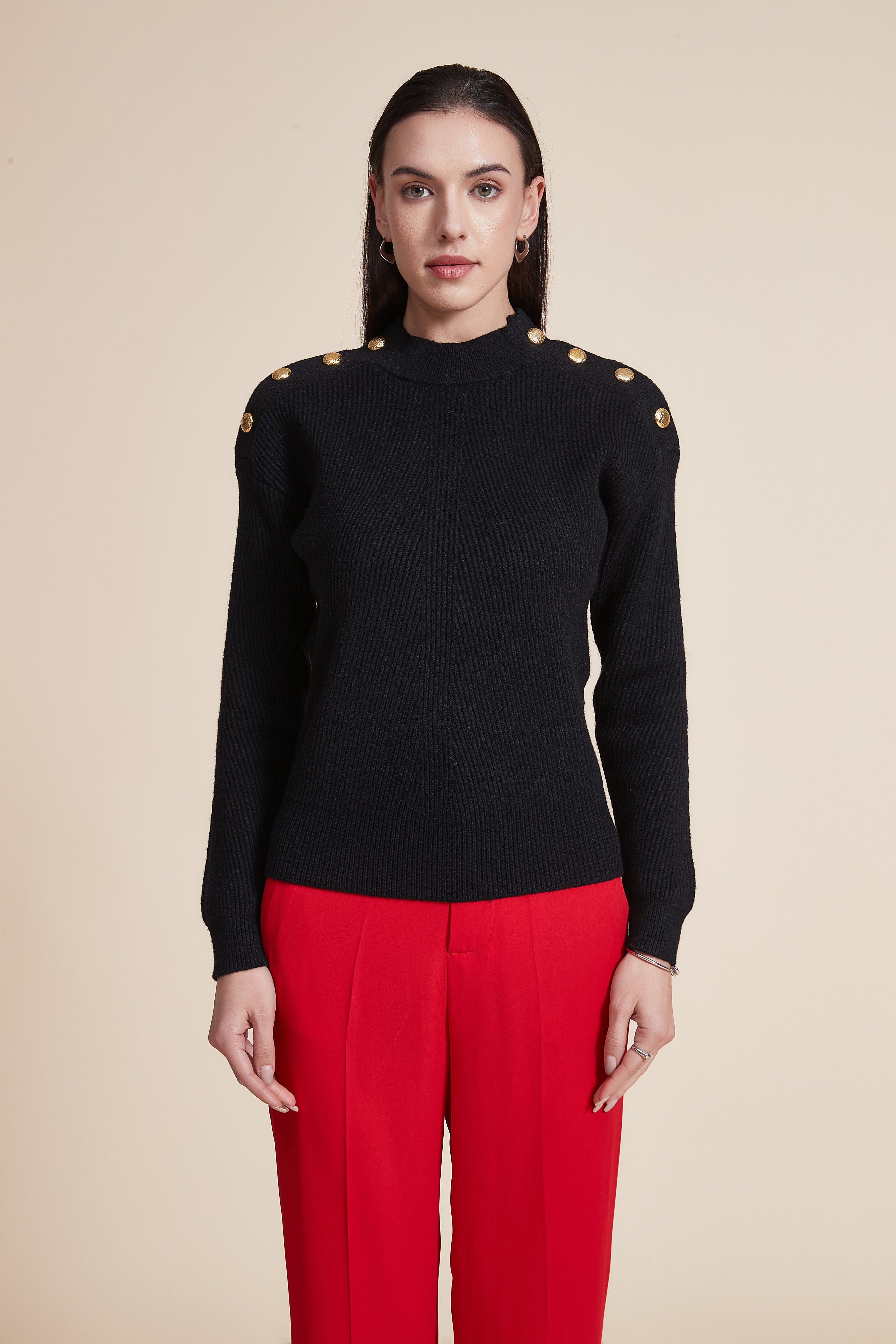 Ribbed Long Sleeve High Neck  Blouse