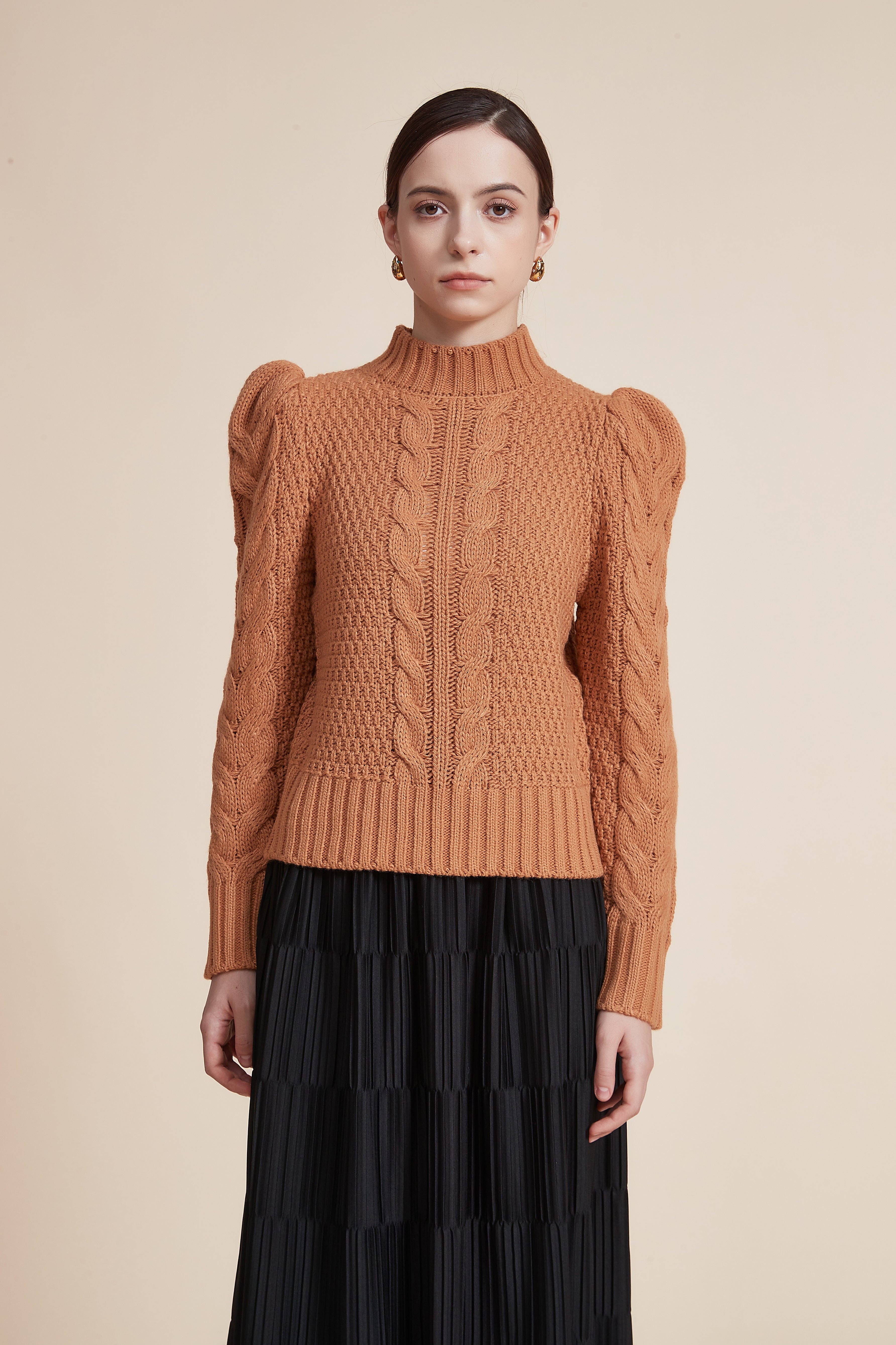 Ribbed Long Sleeve Blouse with High Neck