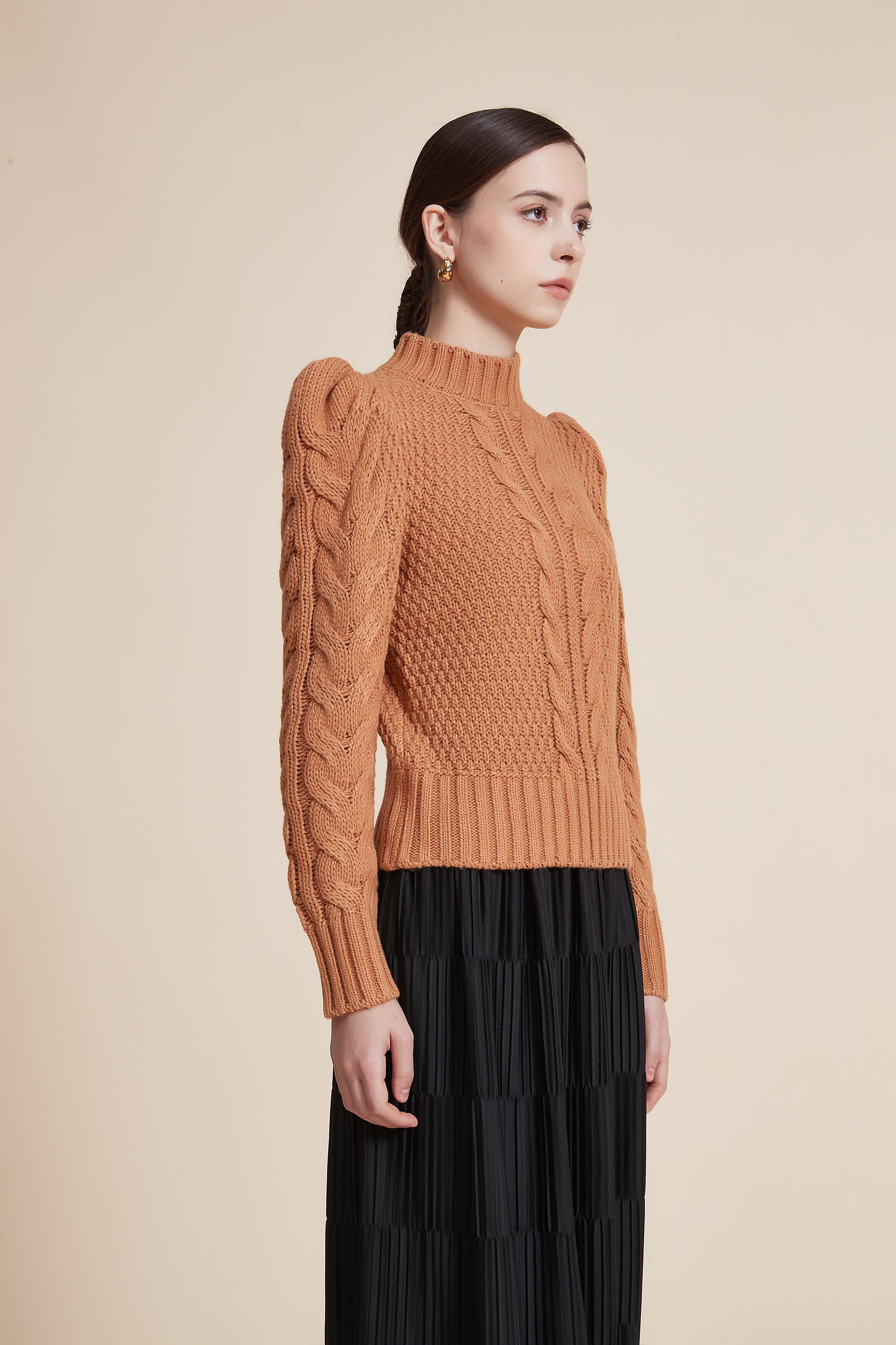 Ribbed Long Sleeve Blouse with High Neck