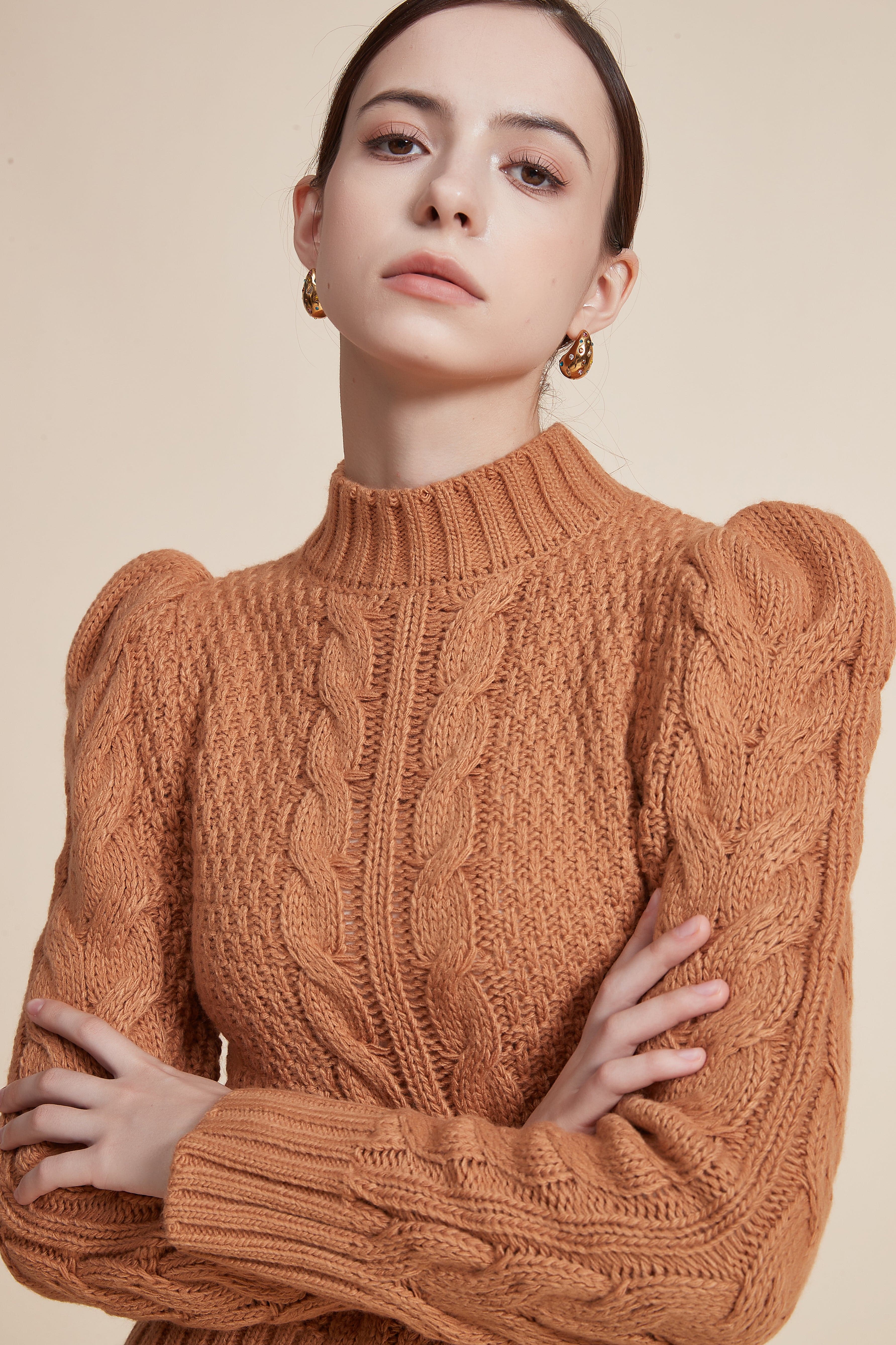 Ribbed Long Sleeve Blouse with High Neck