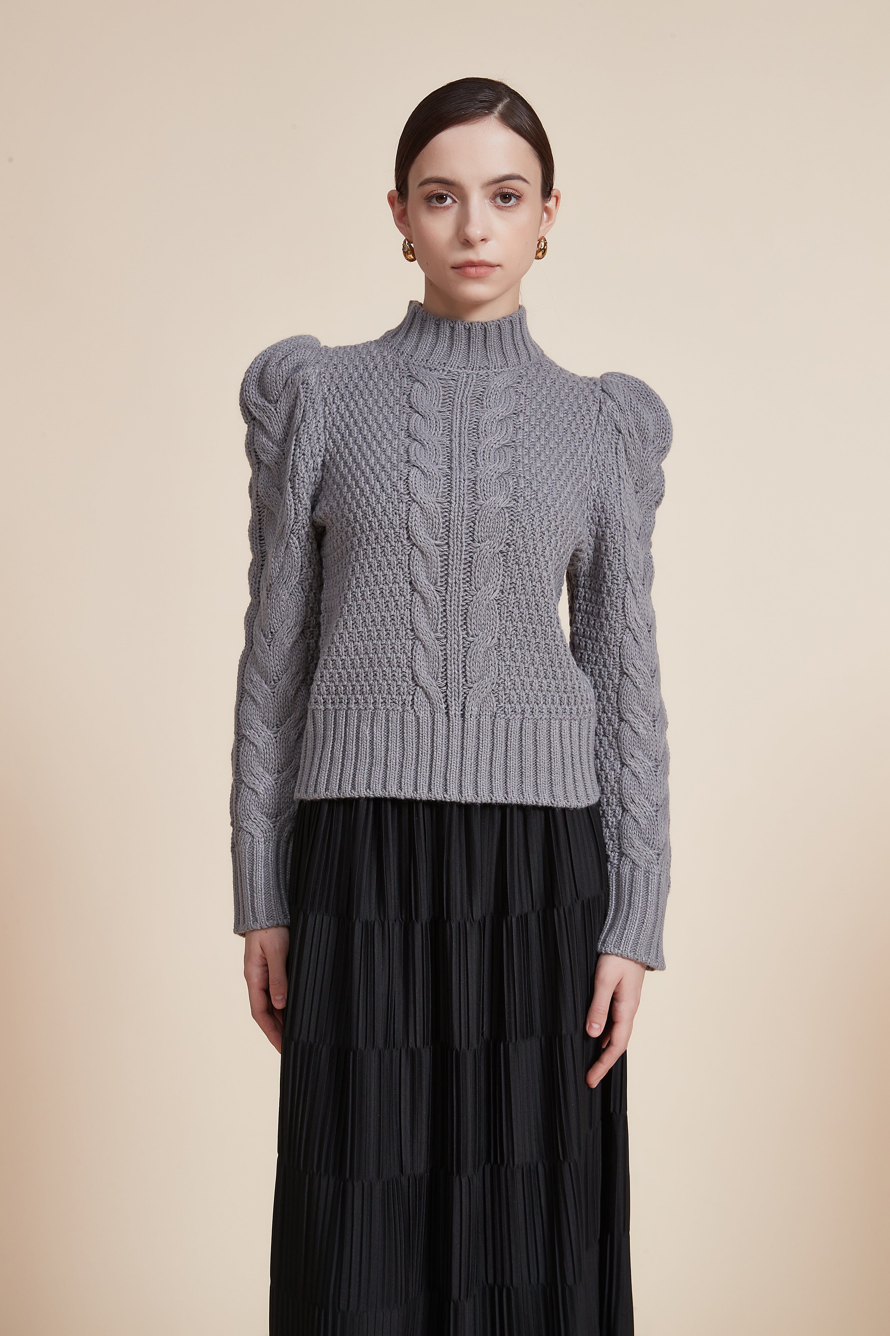 Ribbed Long Sleeve Blouse with High Neck