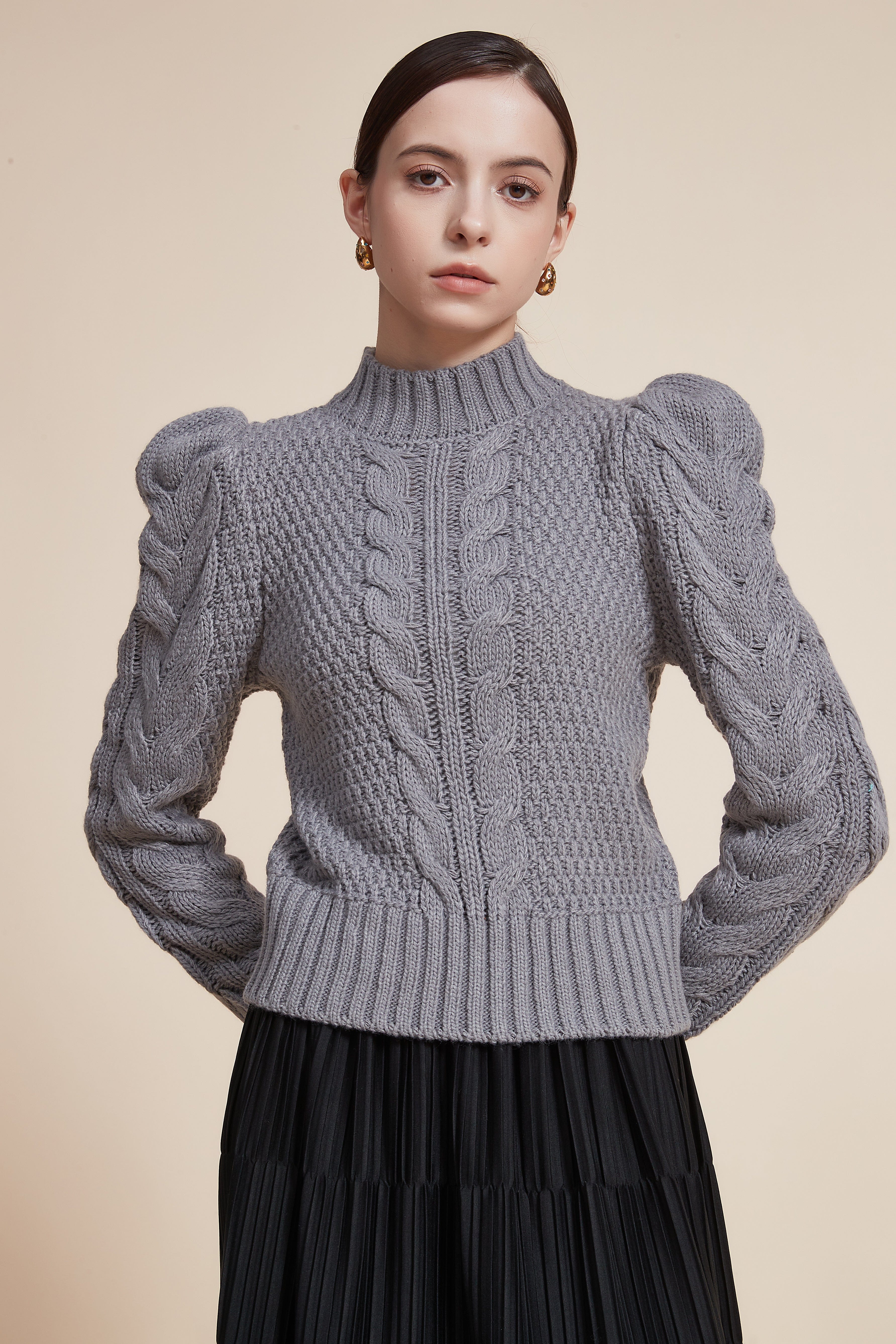 Ribbed Long Sleeve Blouse with High Neck