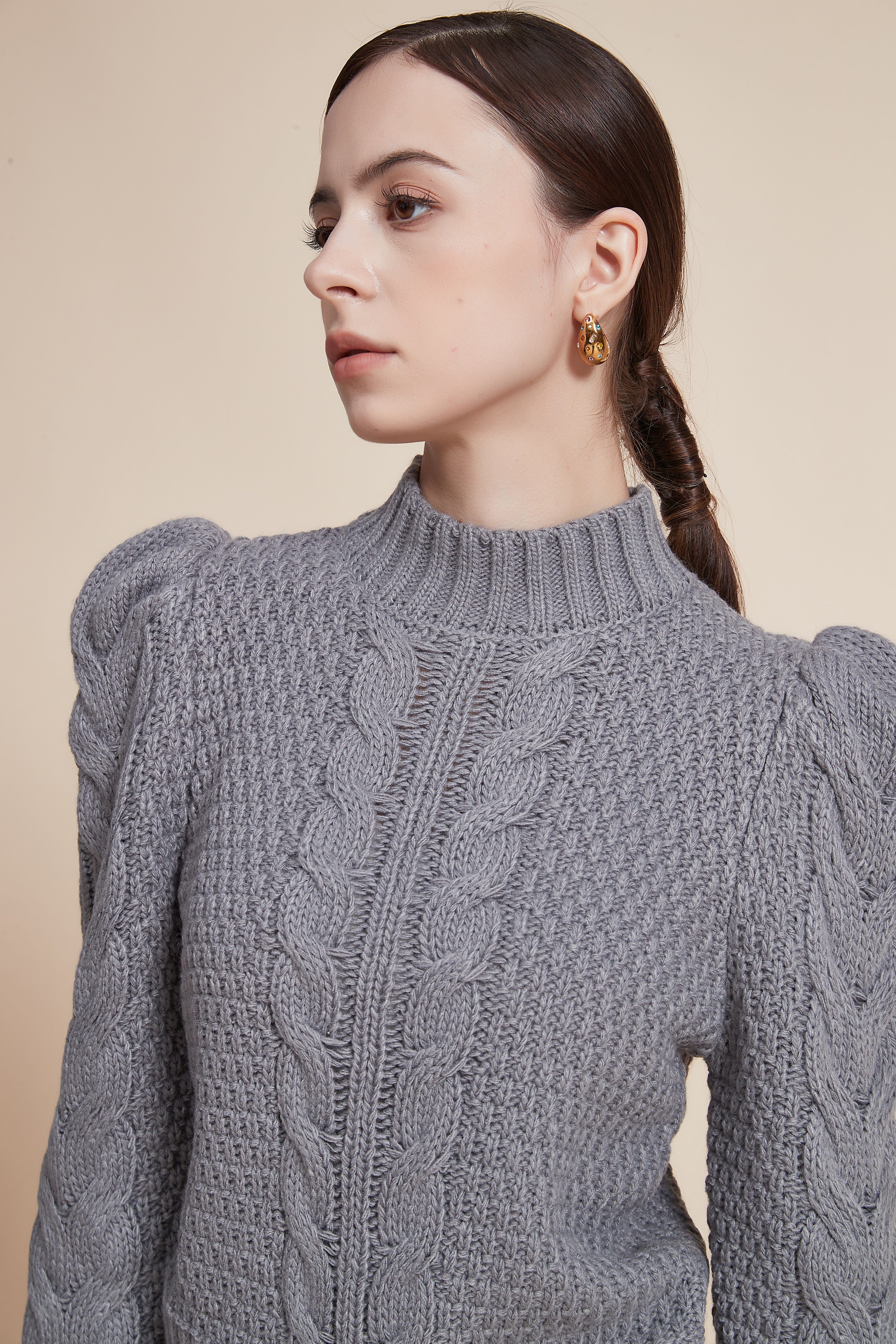 Ribbed Long Sleeve Blouse with High Neck