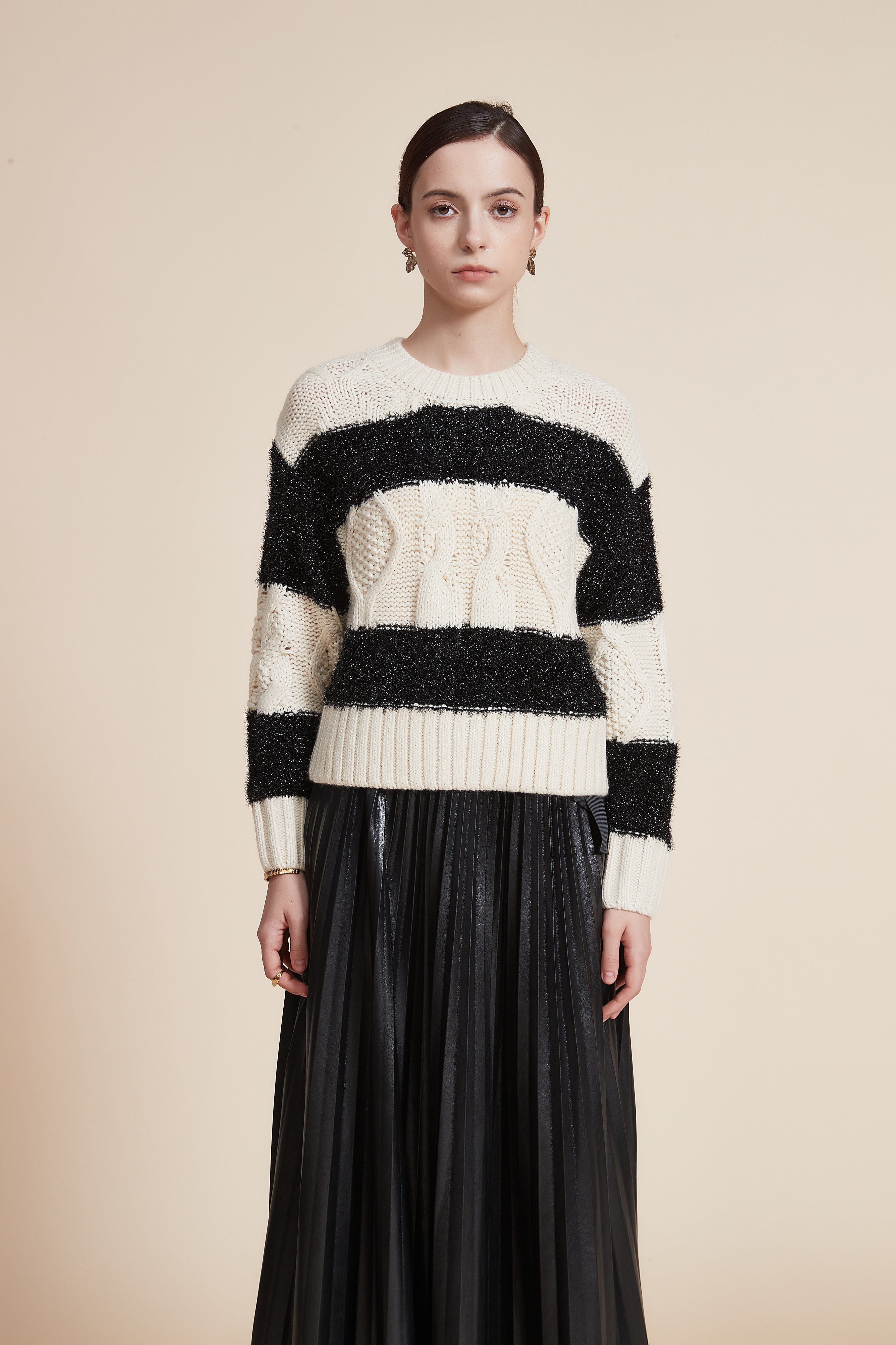 Striped Long Sleeve Loose Blouse with Round Neck