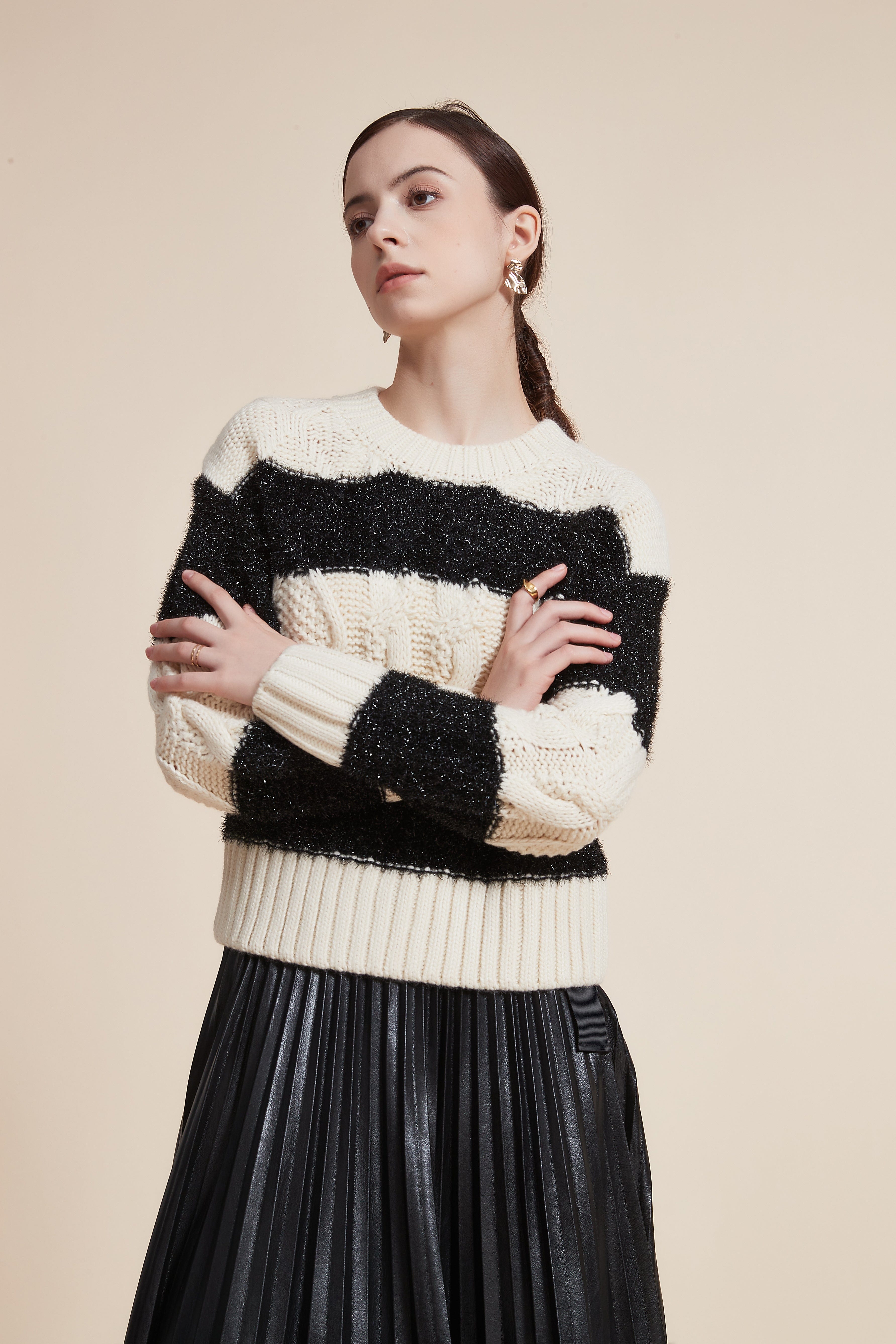 Striped Long Sleeve Loose Blouse with Round Neck