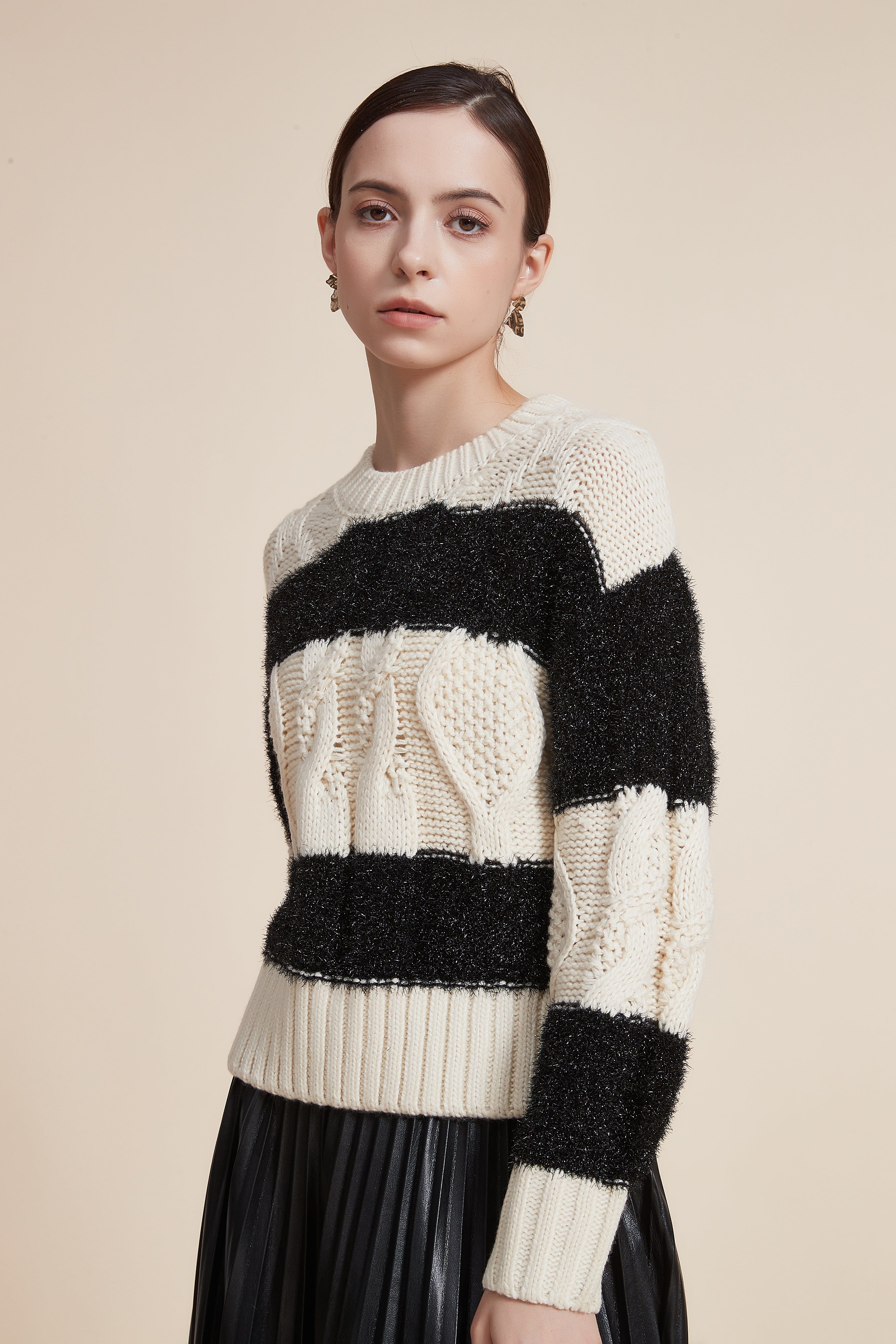 Striped Long Sleeve Loose Blouse with Round Neck
