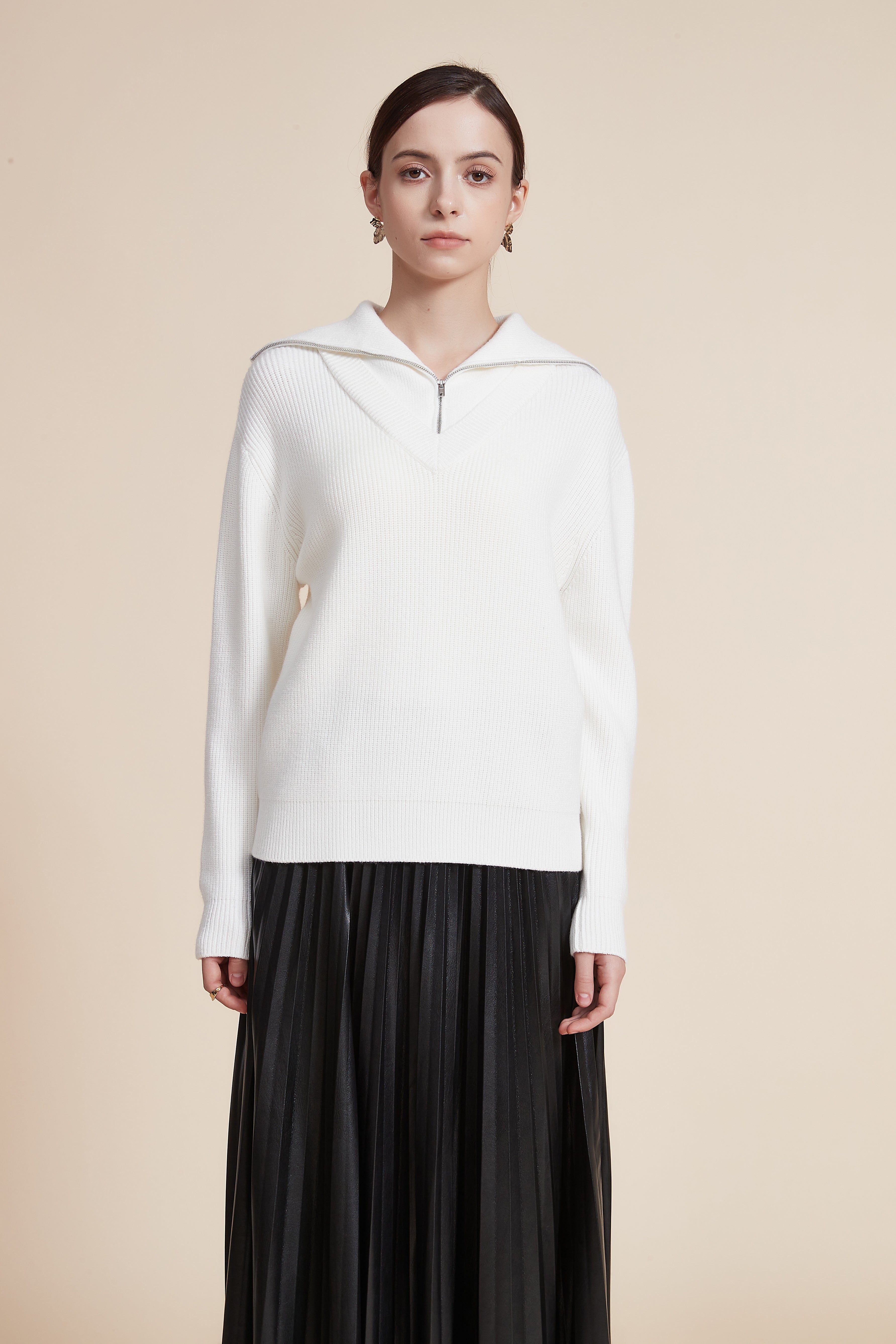 Solid Long Sleeve Sweater with Zipper