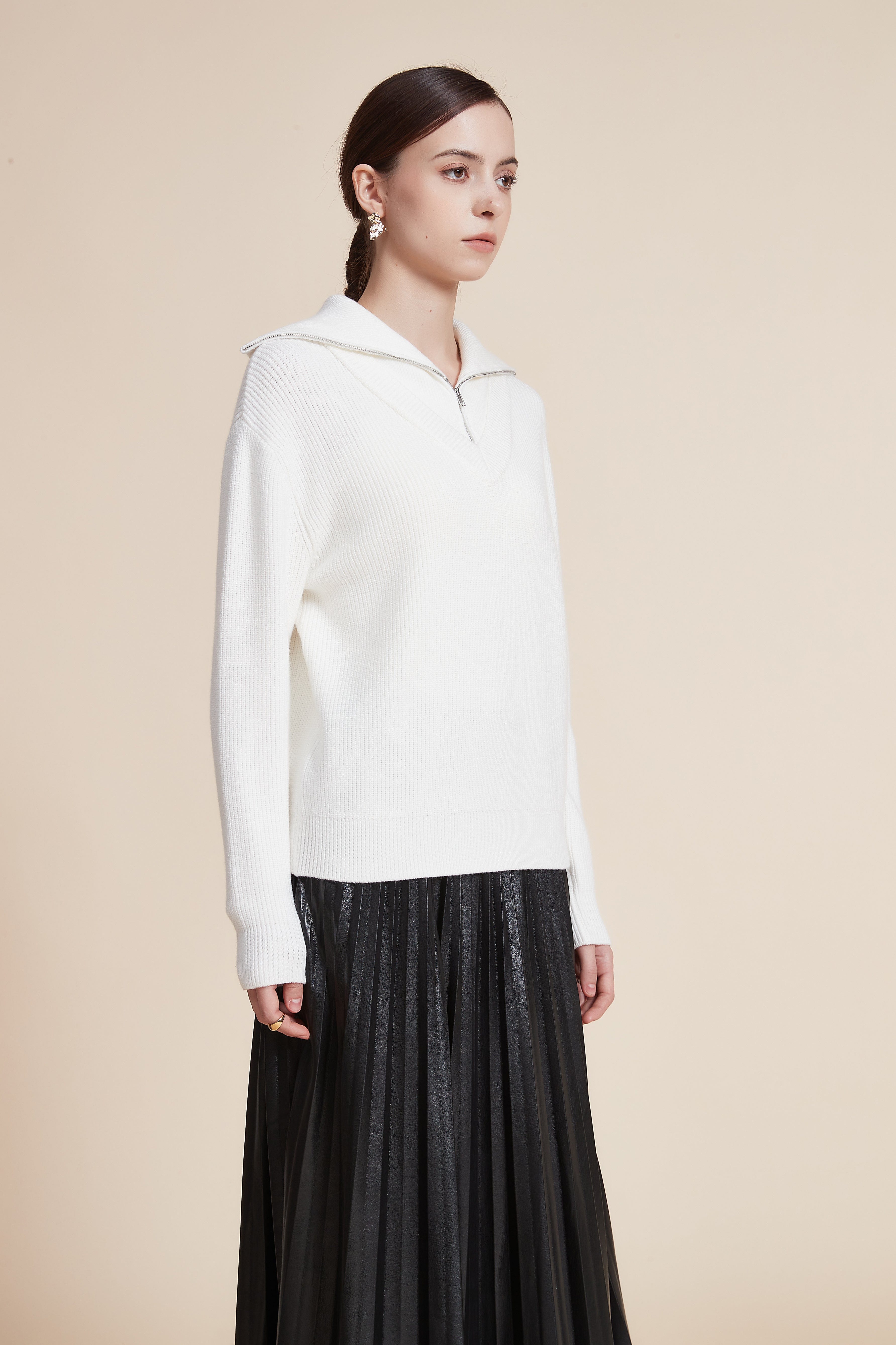 Solid Long Sleeve Sweater with Zipper