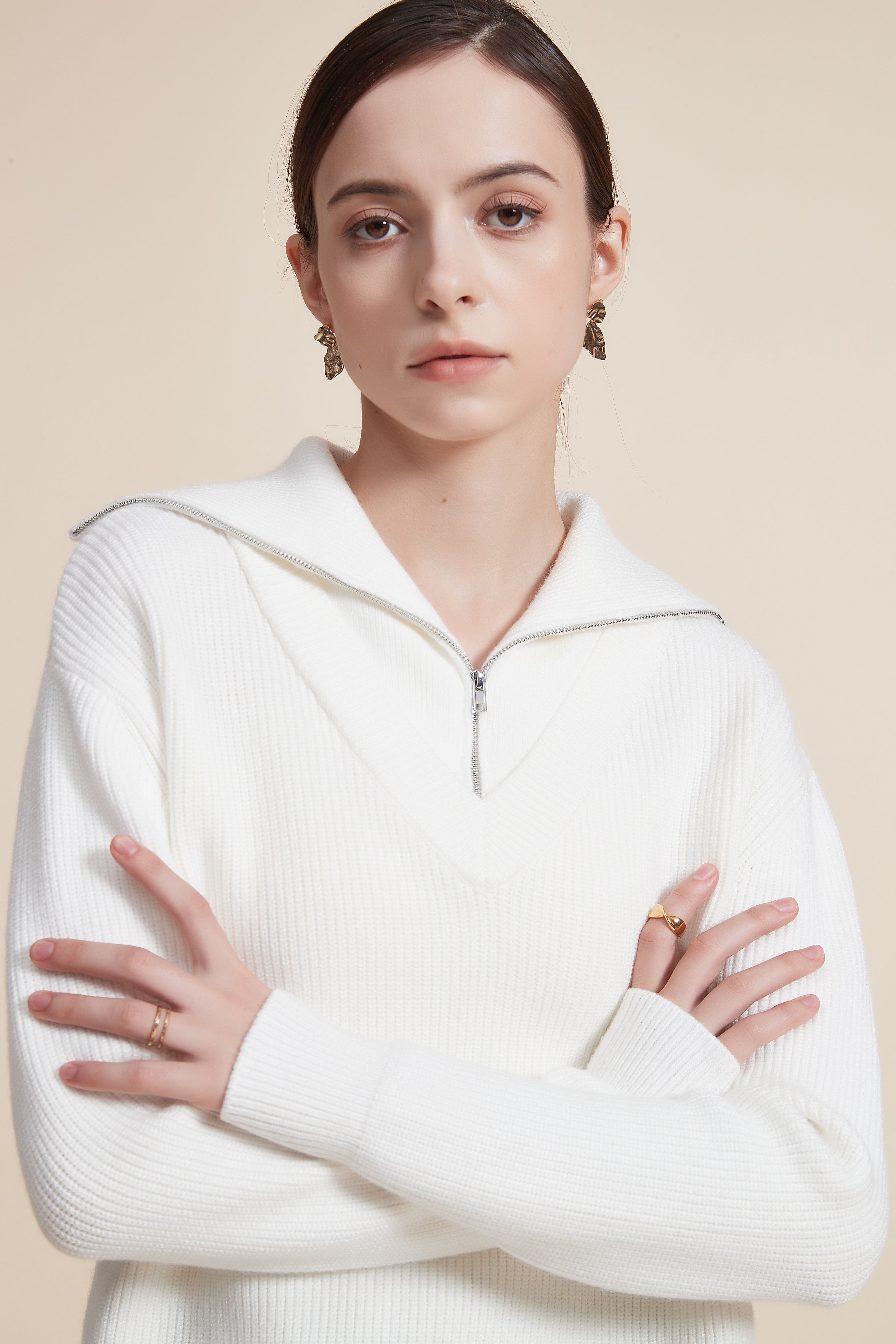 Solid Long Sleeve Sweater with Zipper