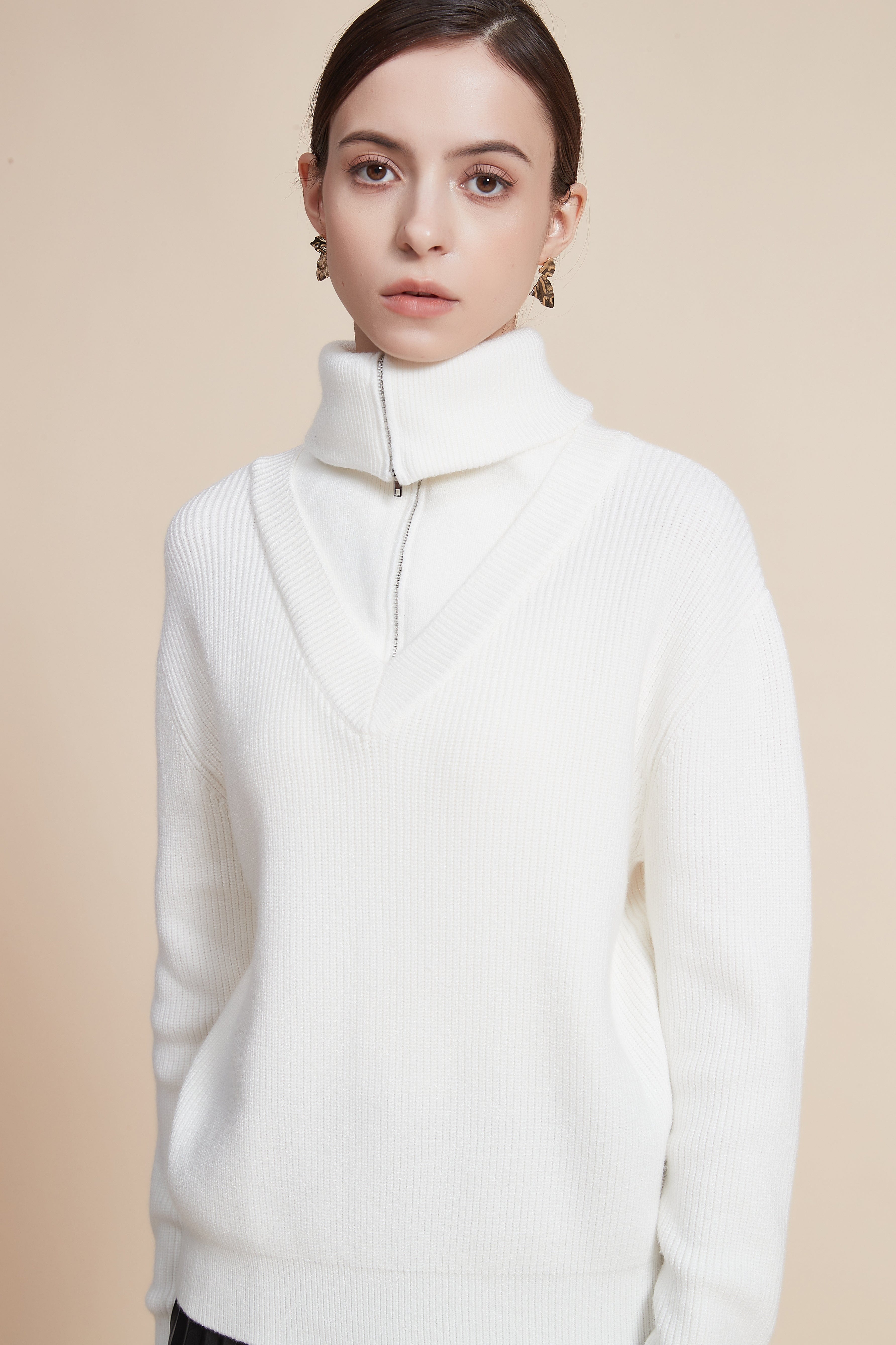 Solid Long Sleeve Sweater with Zipper