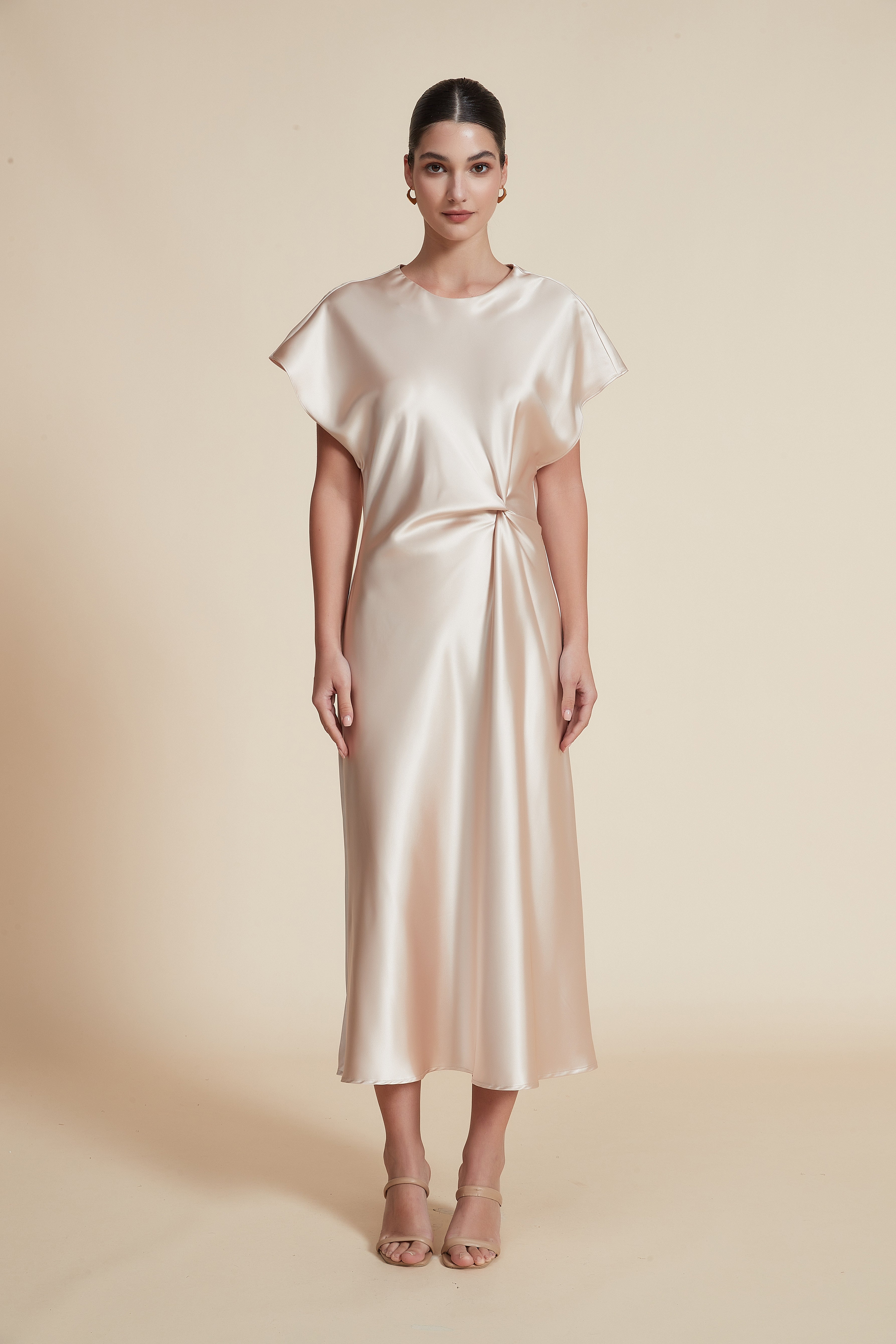 Shop Midi Dress with Short Sleeves and Round Neck Yola