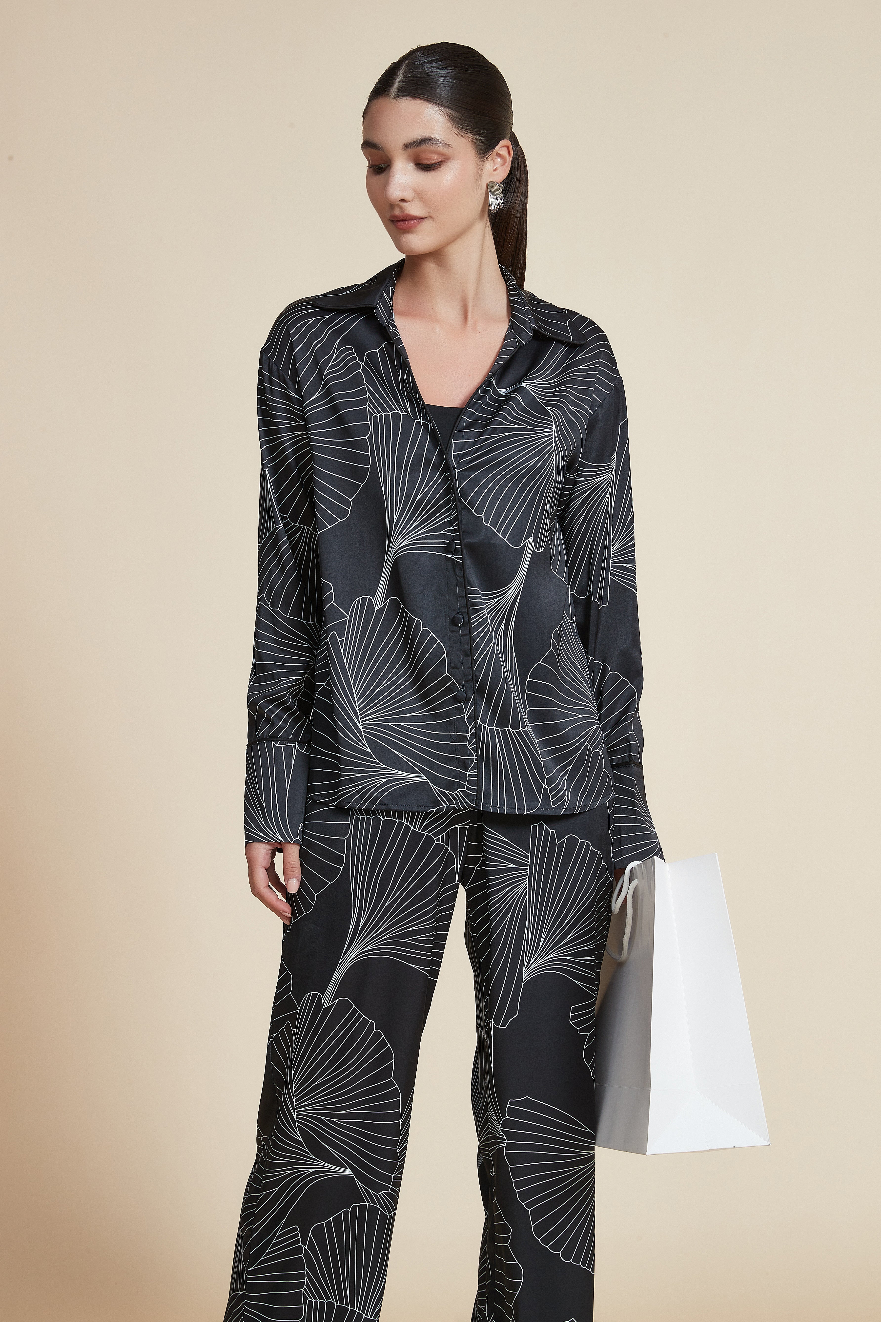 Printed long-sleeve blouse