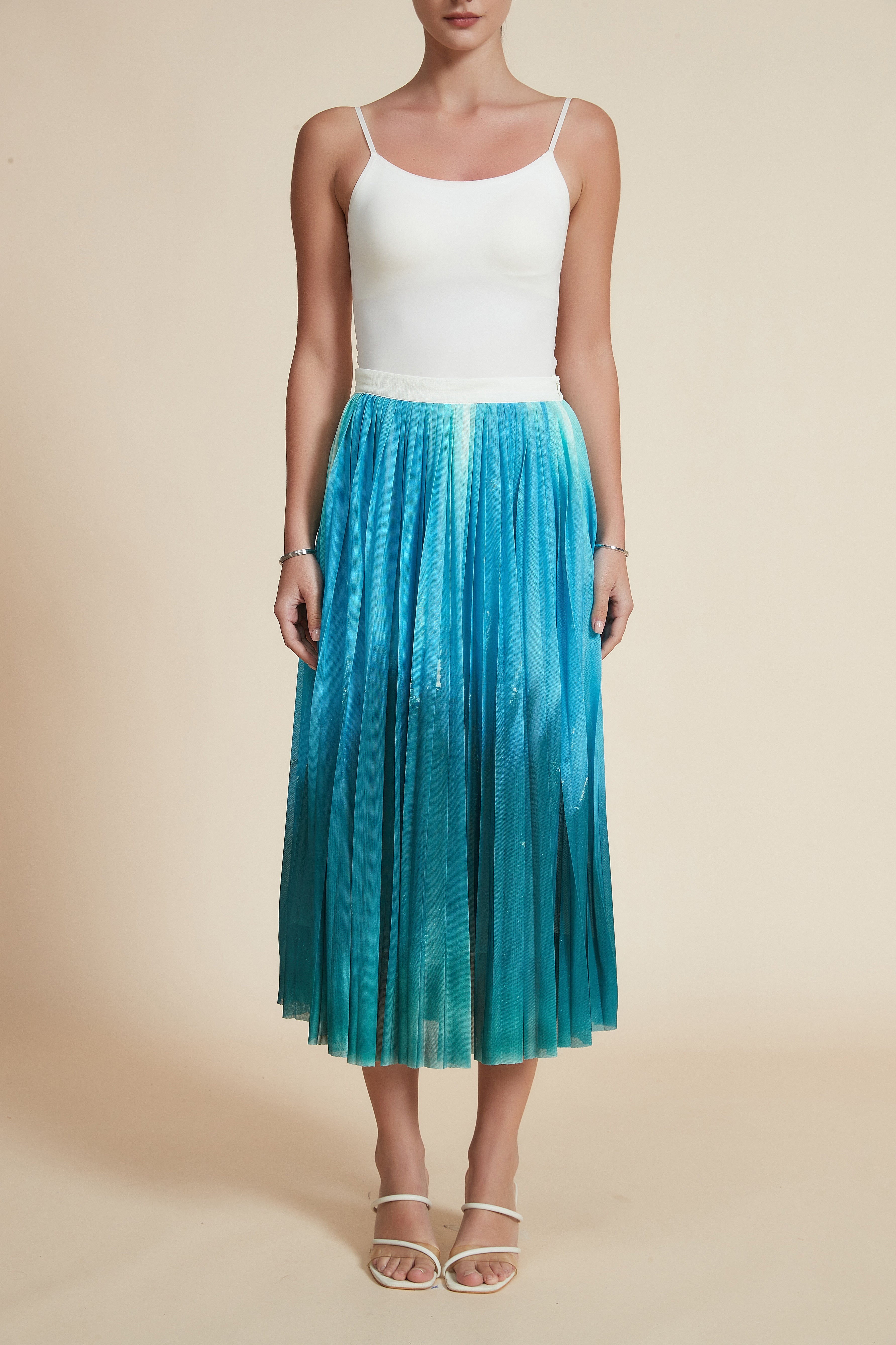 Striped Pleated Midi Skirt with Sheer Overlay
