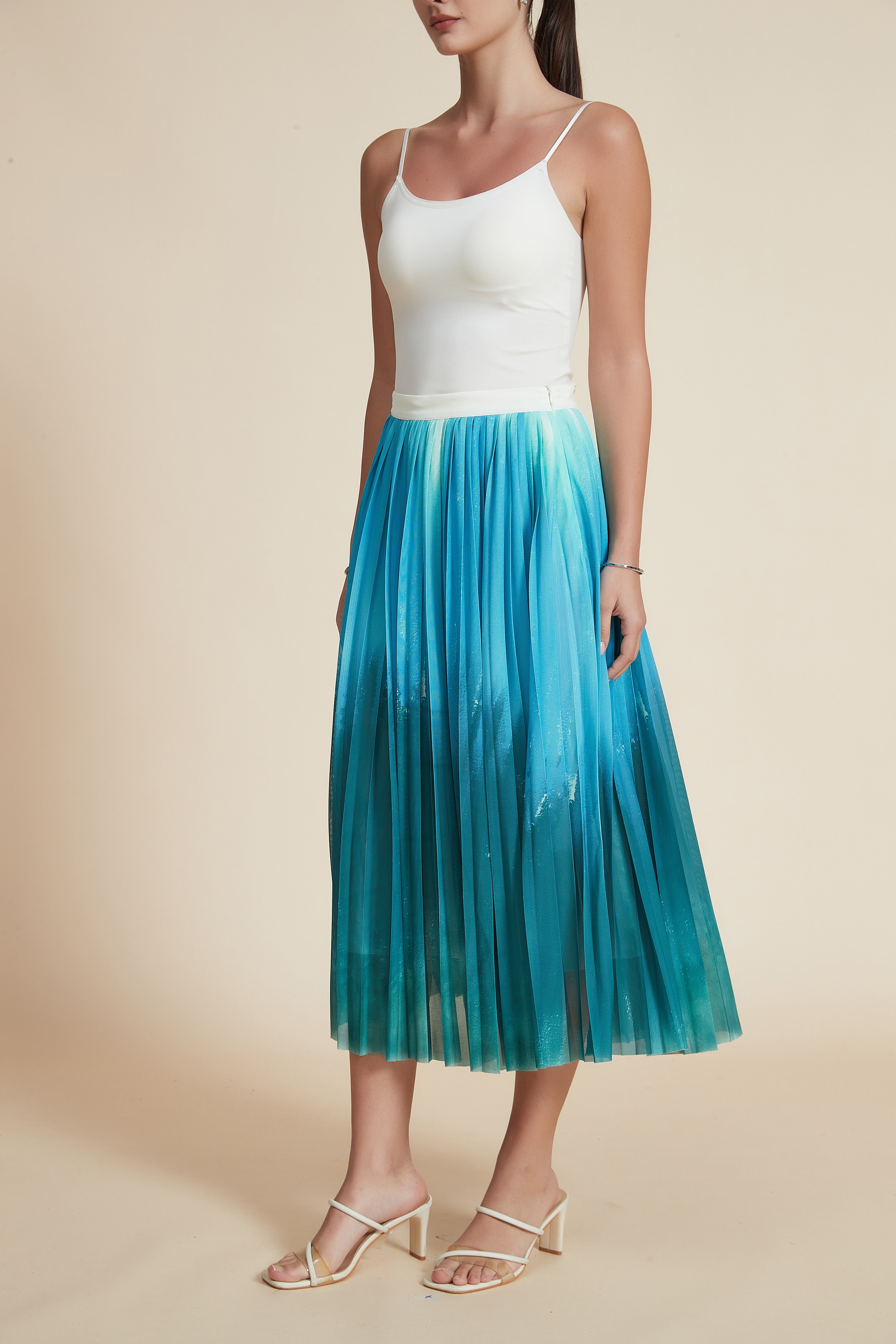 Striped Pleated Midi Skirt with Sheer Overlay