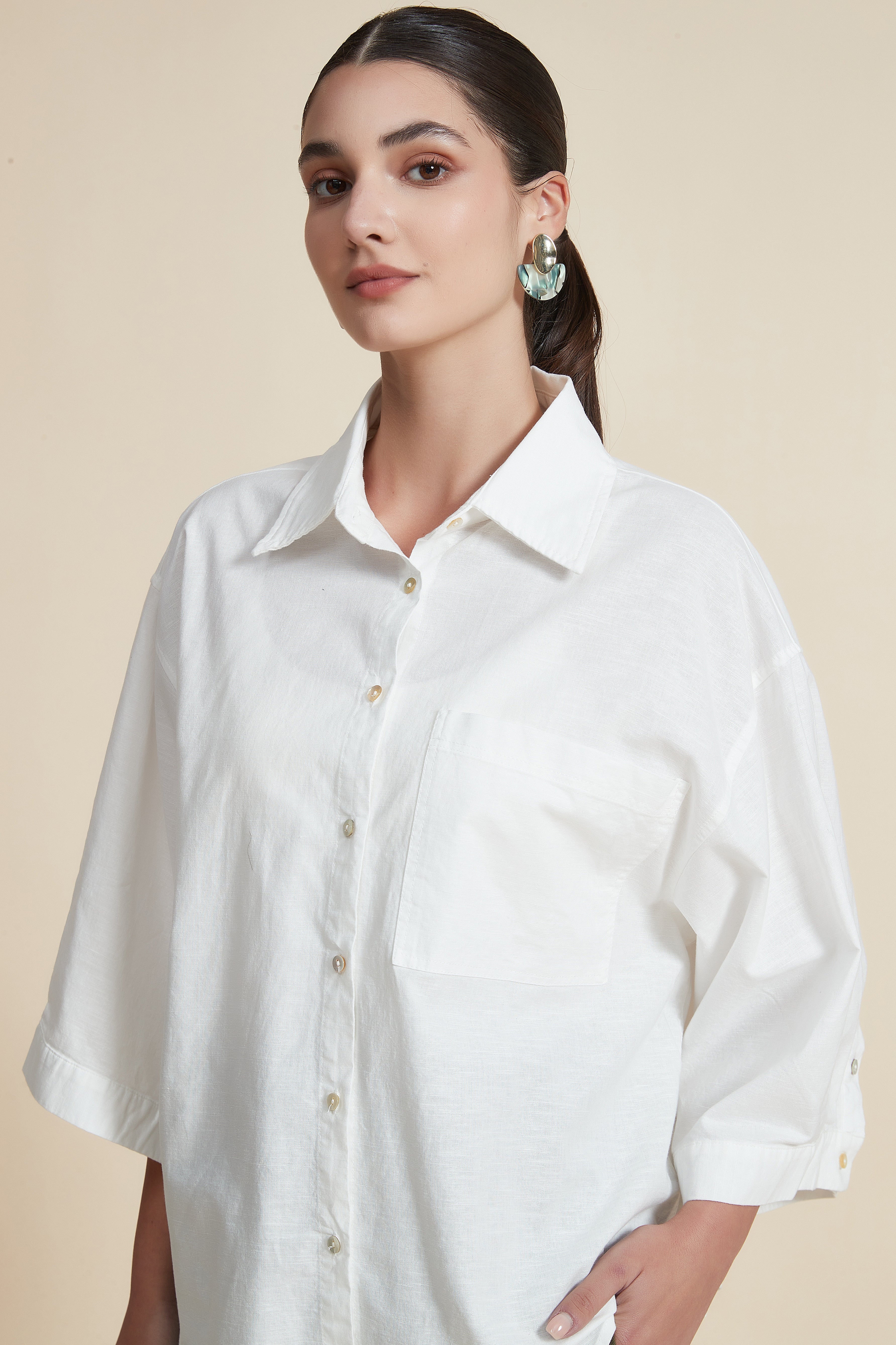 Plain wide-leg 3/4-sleeve blouse