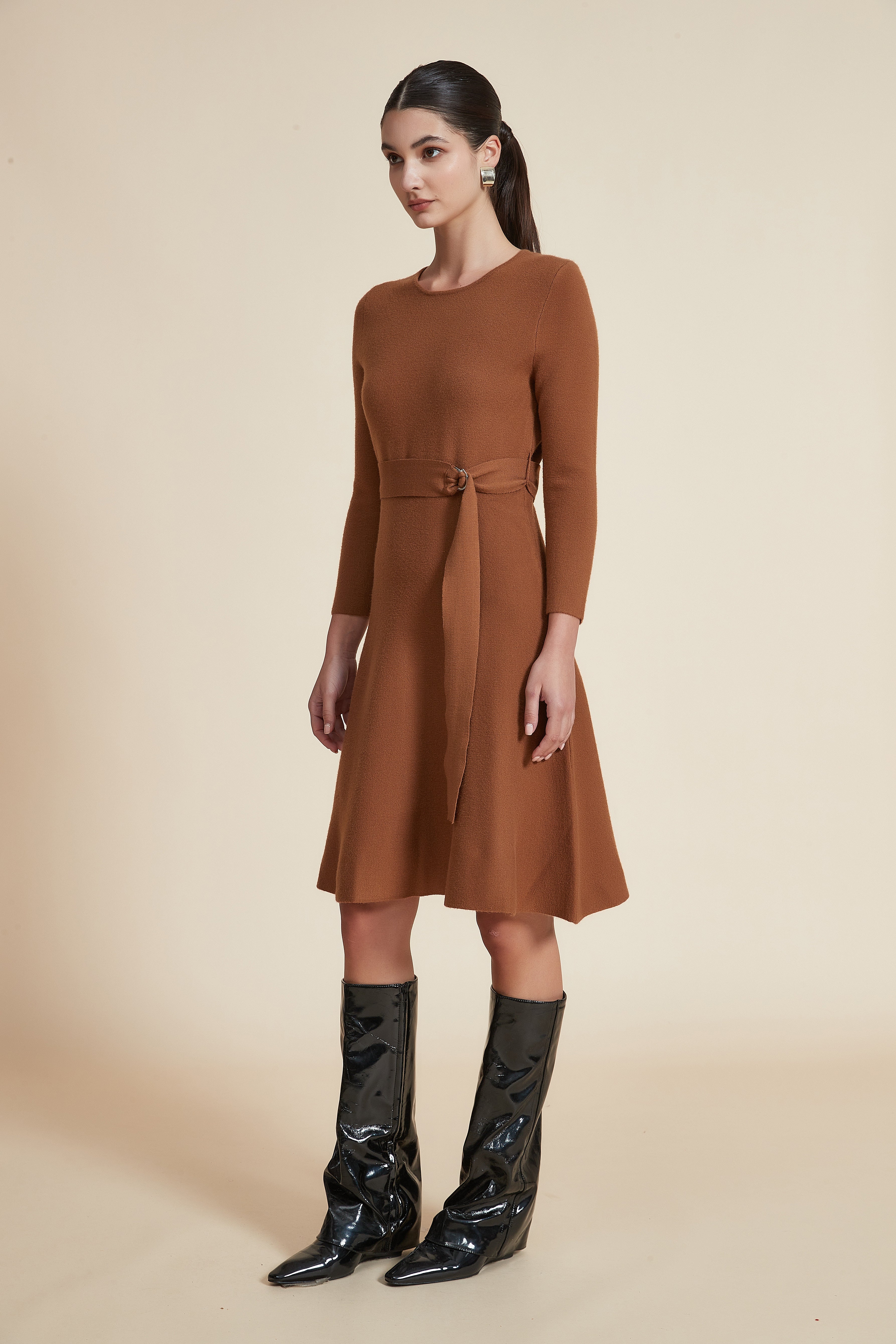 Knee-Length Solid Winter Dress with Long Sleeves
