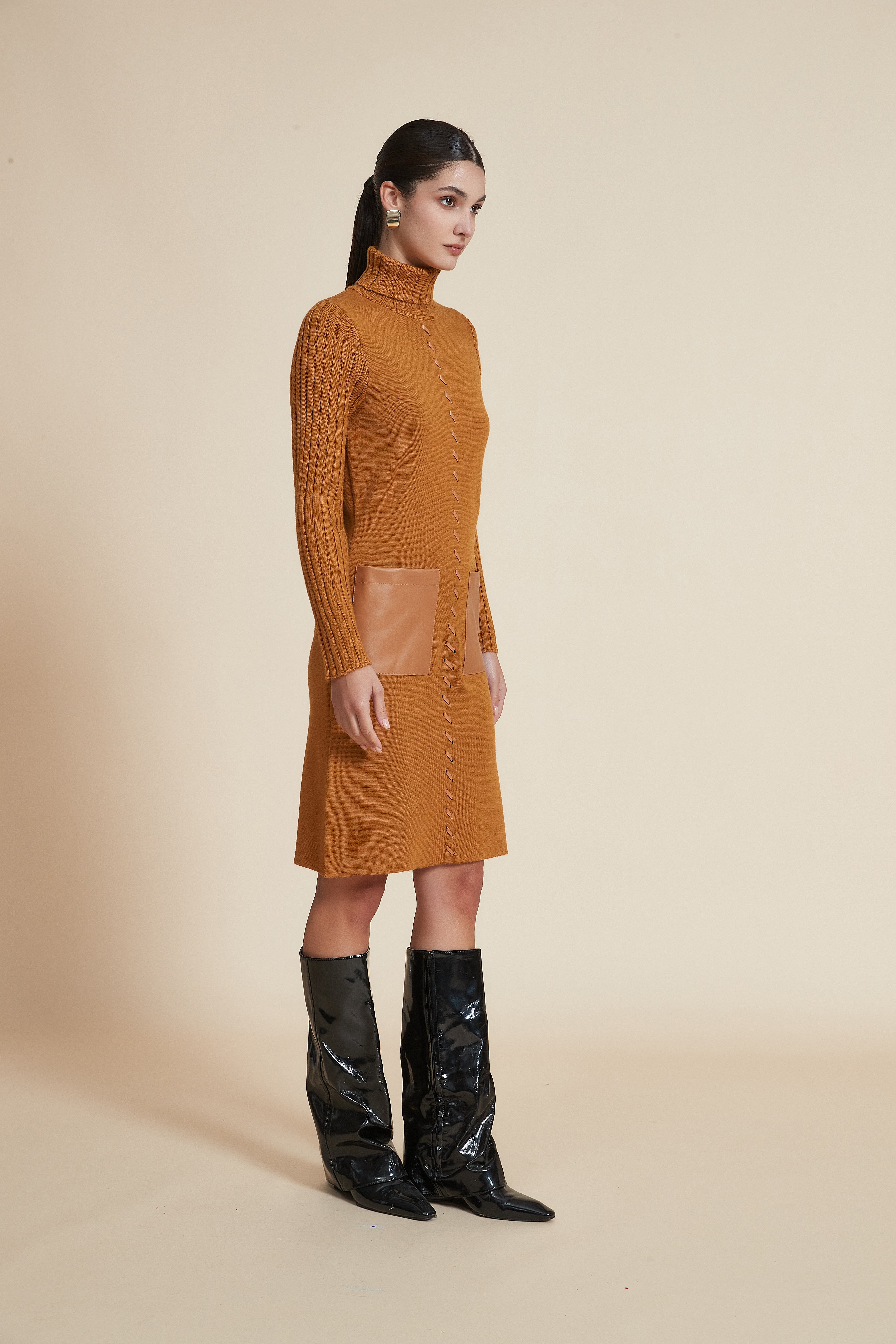 Plain Long-Sleeve Short Dress with High Neck