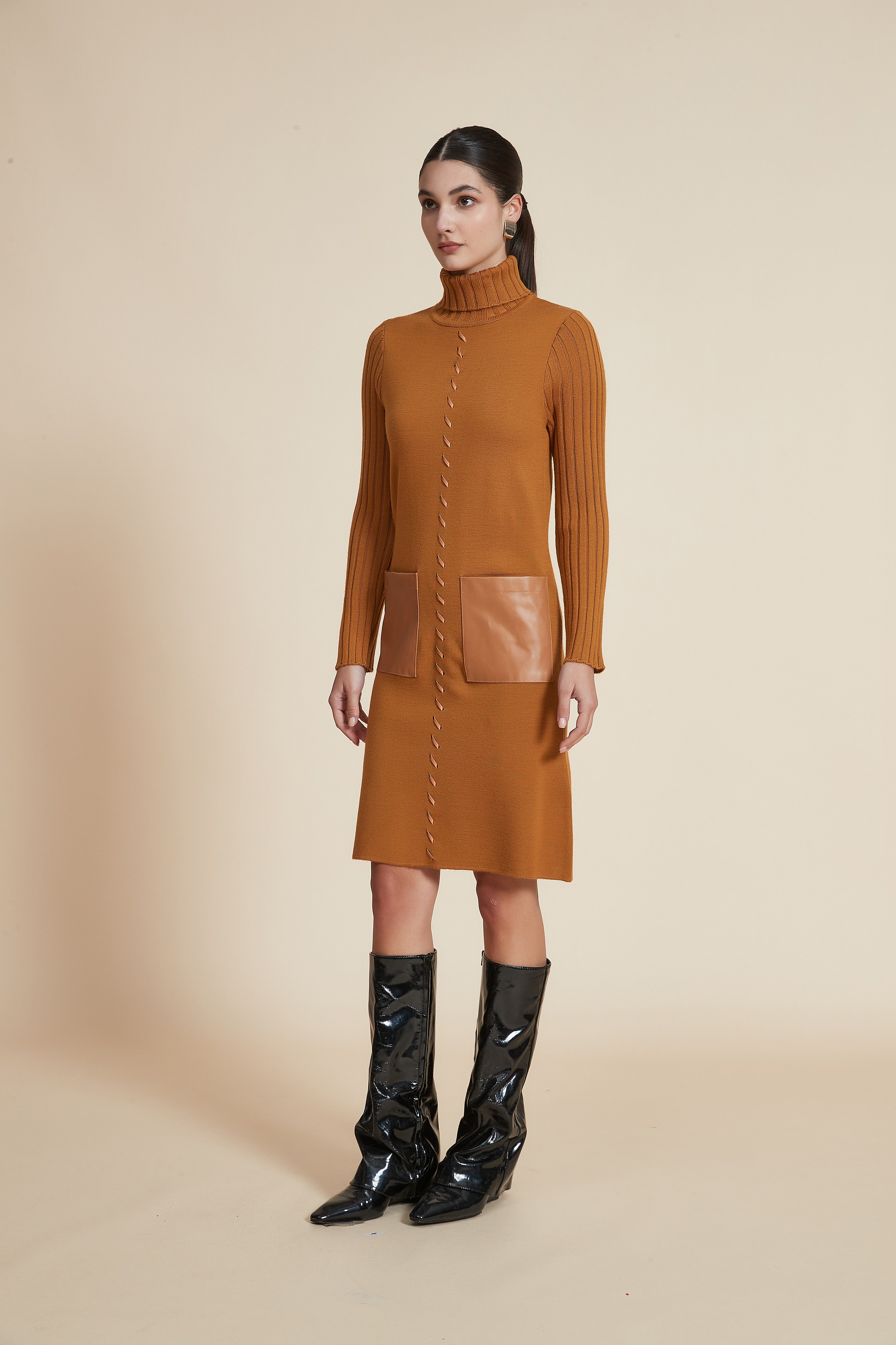 Plain Long-Sleeve Short Dress with High Neck