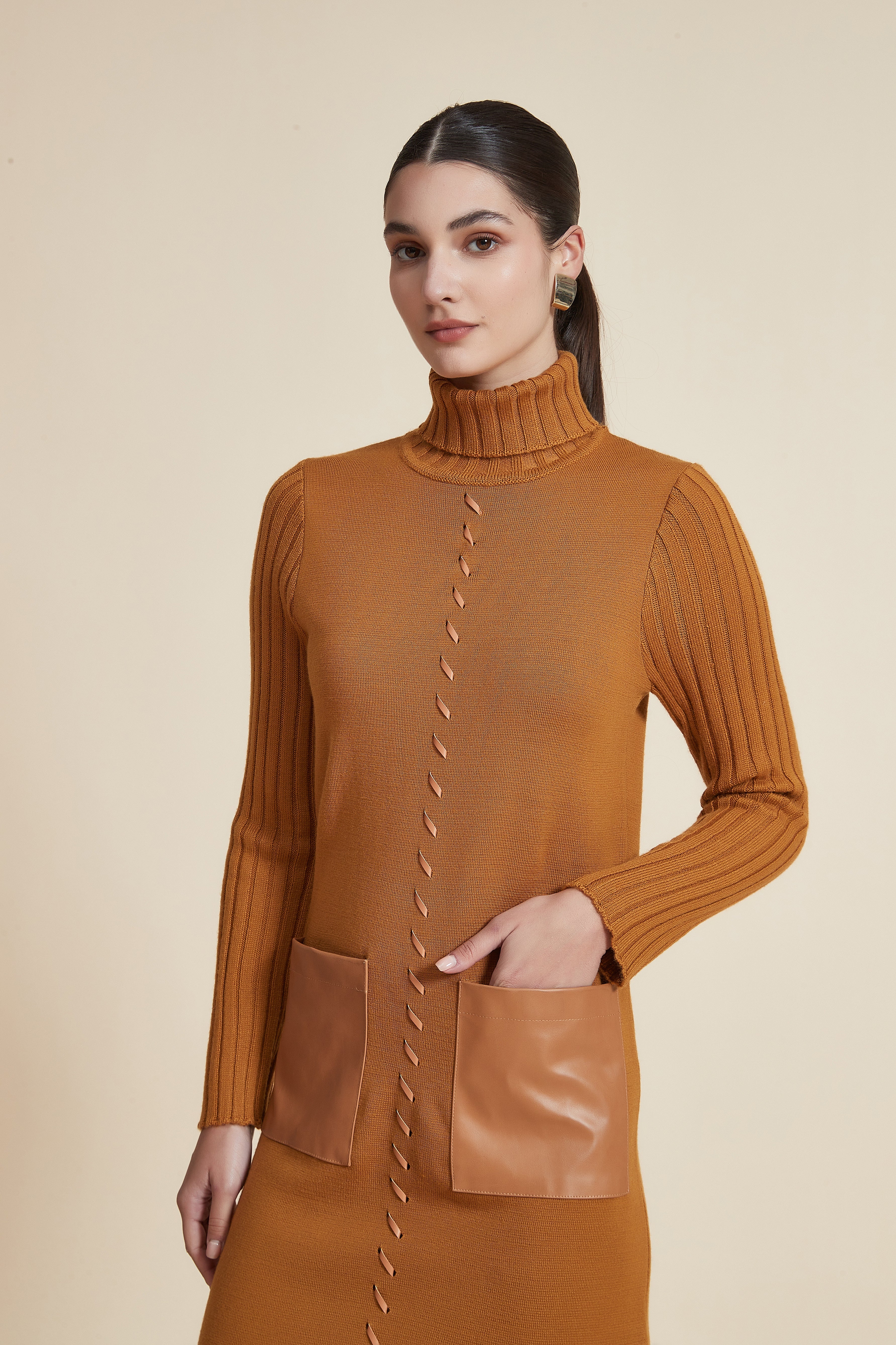 Plain Long-Sleeve Short Dress with High Neck