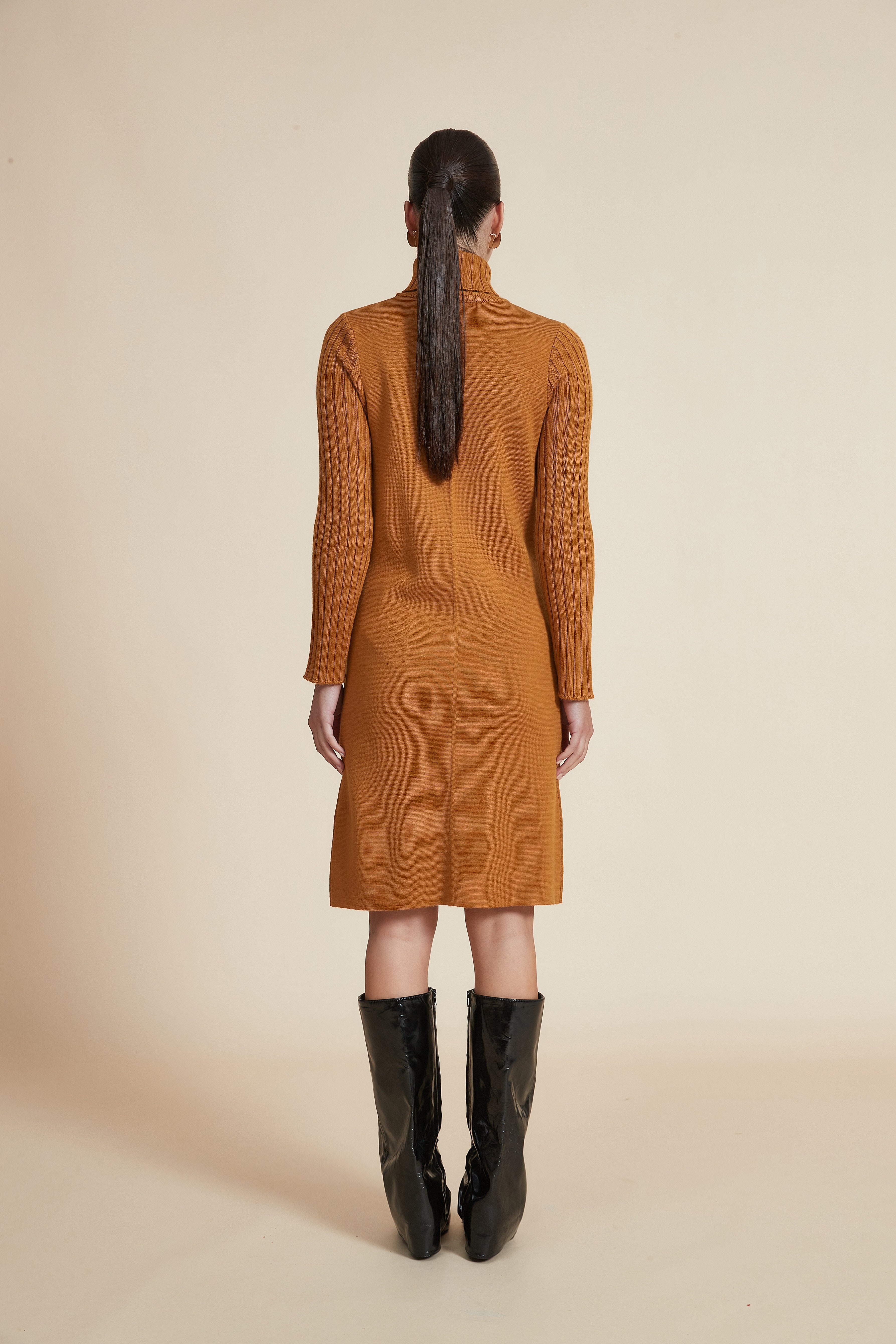 Plain Long-Sleeve Short Dress with High Neck