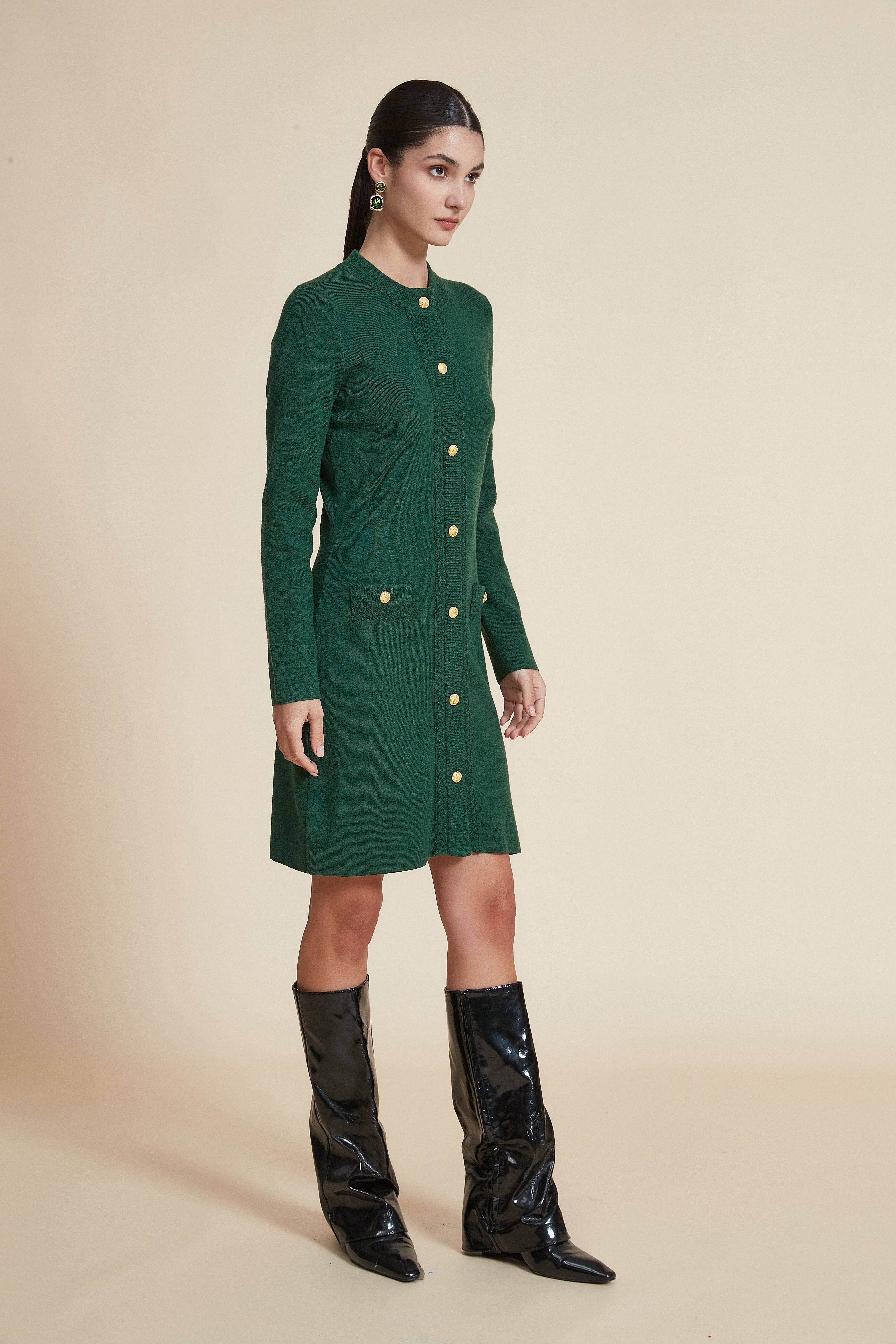 Plain Long-Sleeve Short Dress with Front Buttons