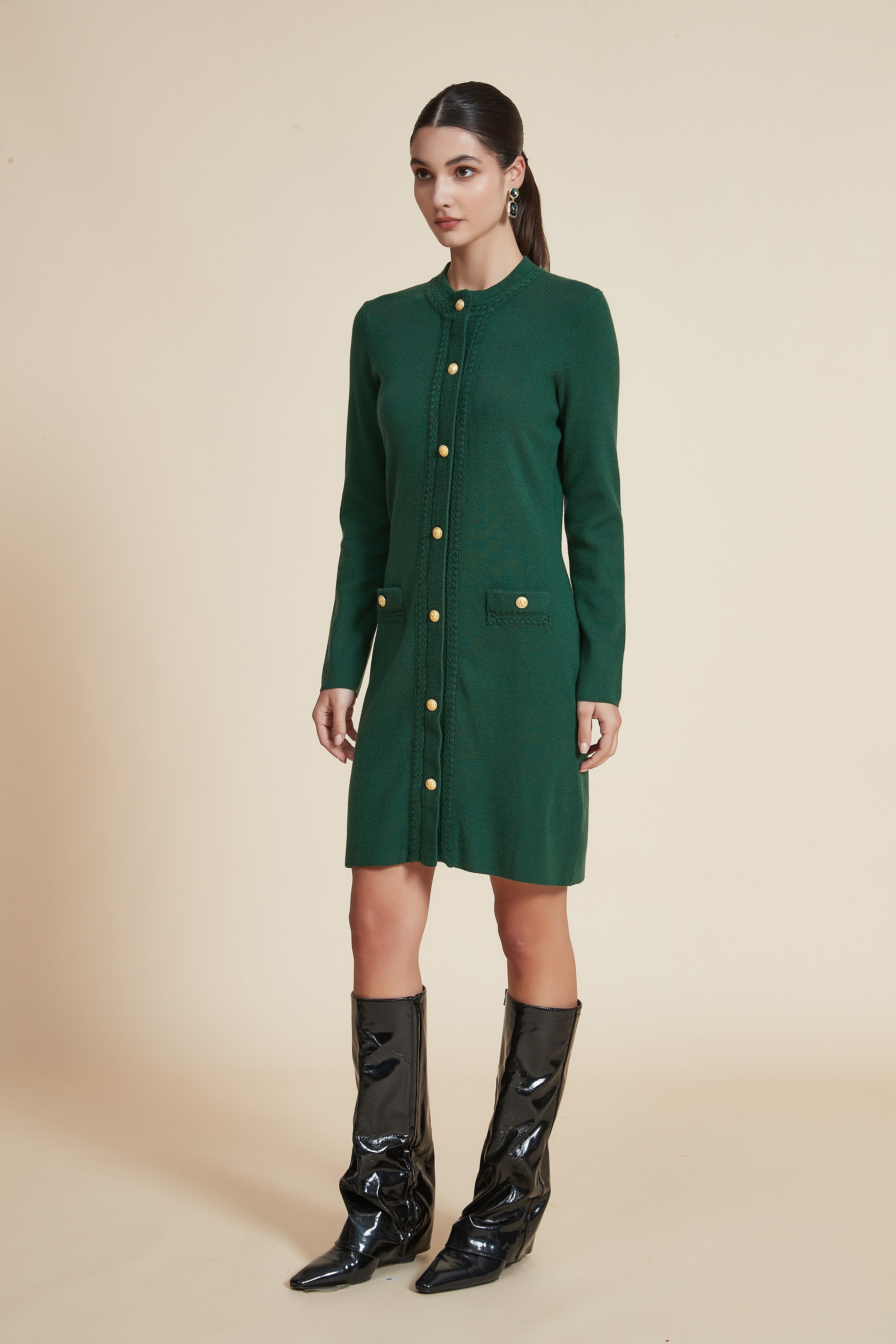Plain Long-Sleeve Short Dress with Front Buttons
