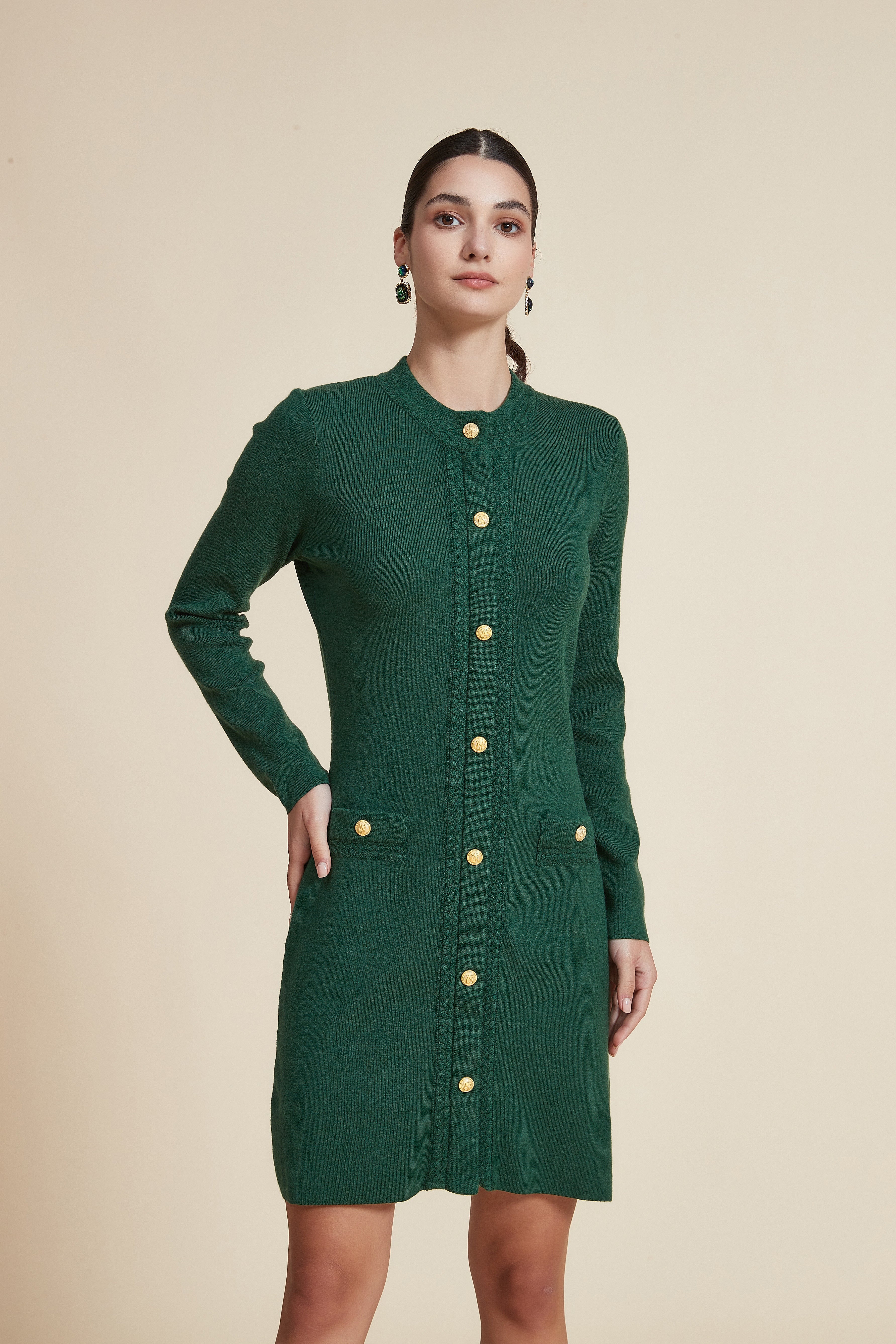 Plain Long-Sleeve Short Dress with Front Buttons