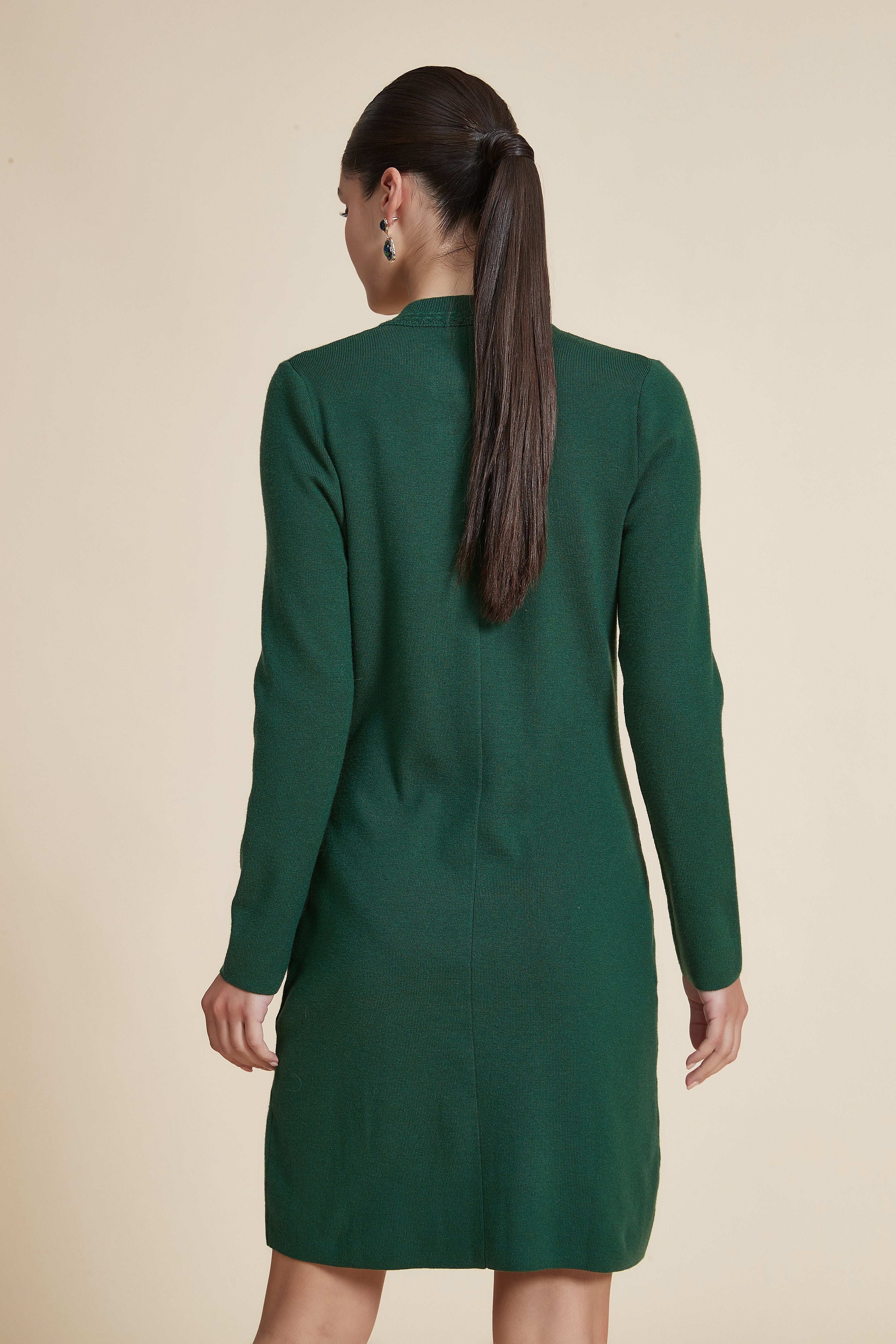 Plain Long-Sleeve Short Dress with Front Buttons