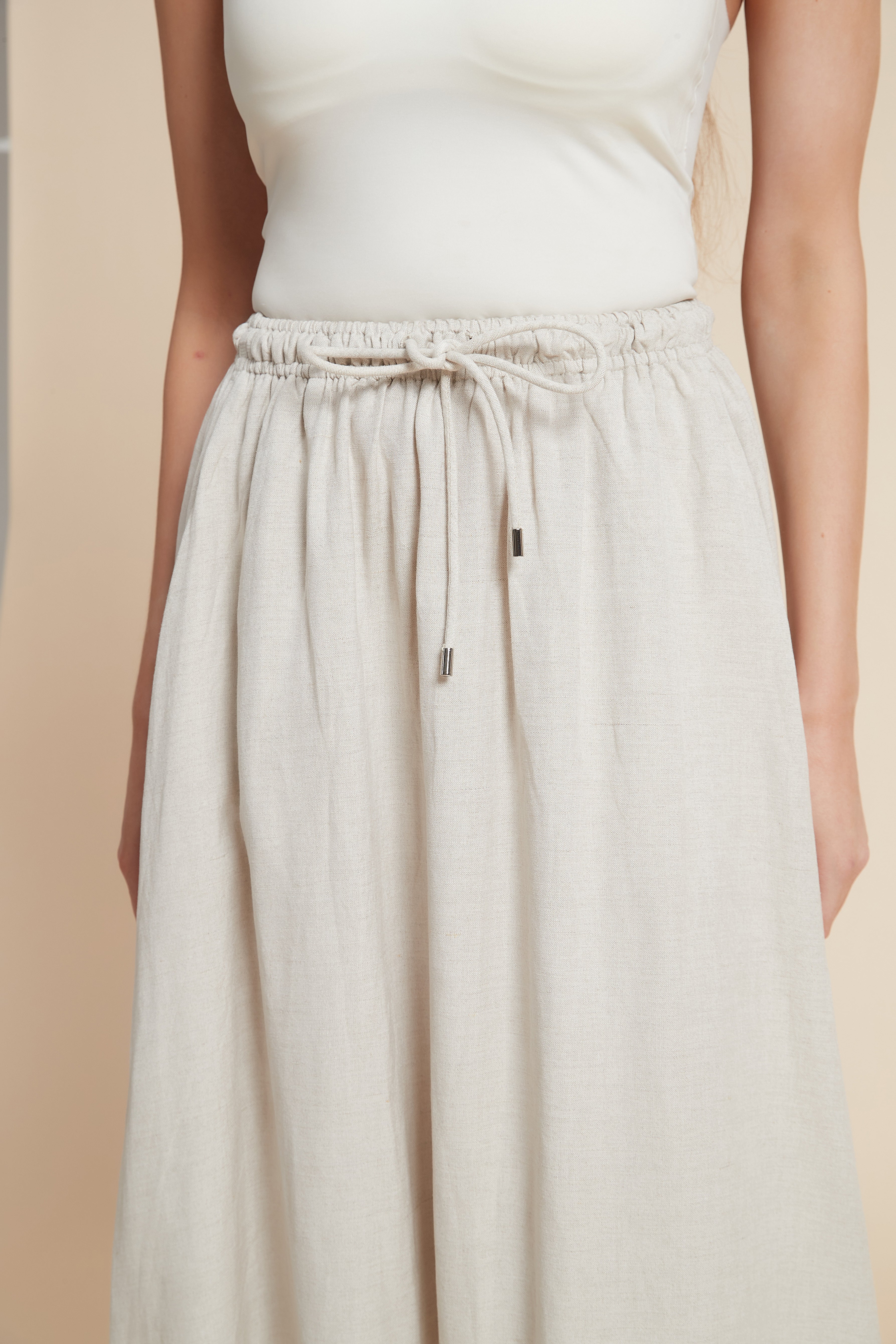 Plain Midi Skirt with Flared Cut and Waist Tie