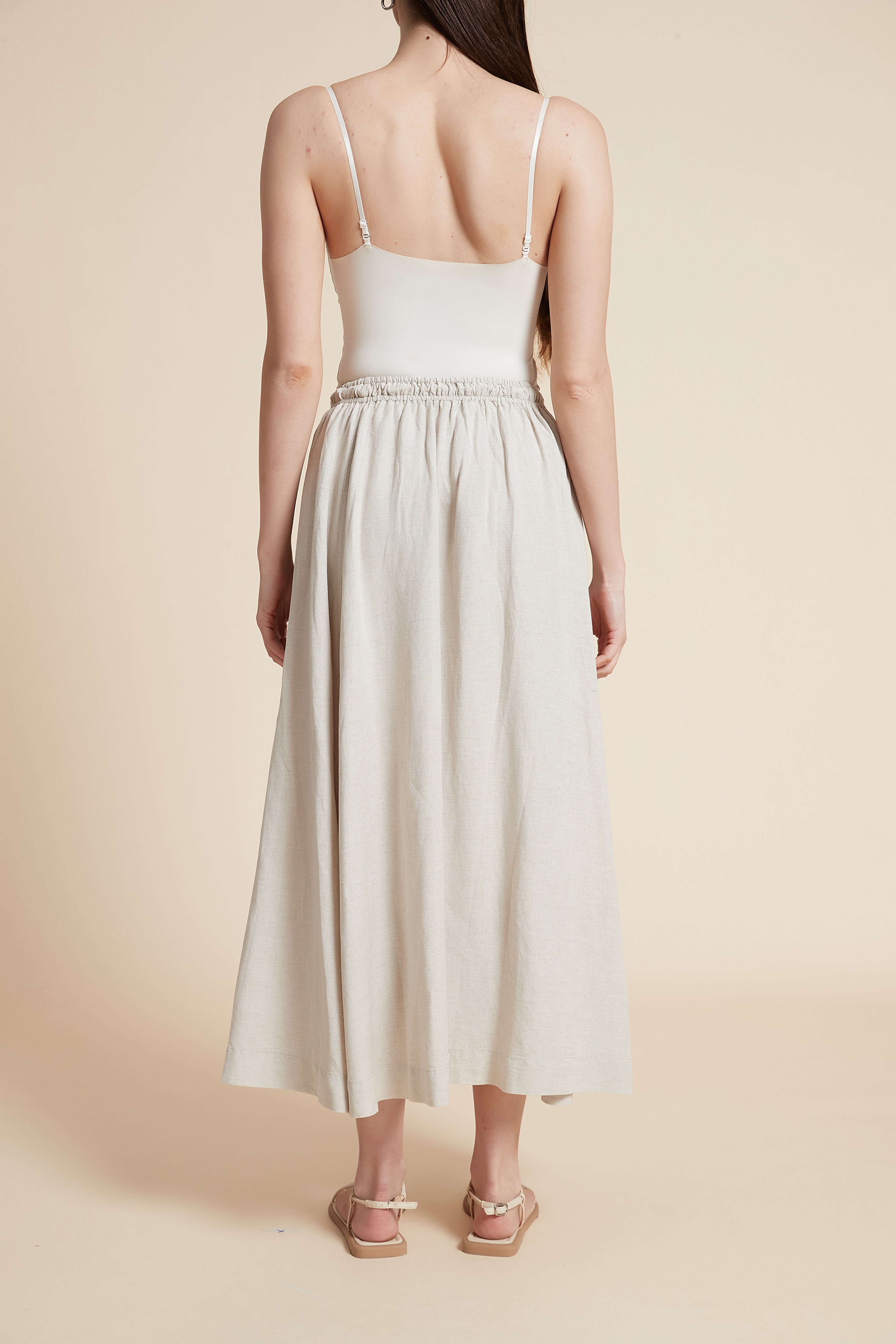 Plain Midi Skirt with Flared Cut and Waist Tie