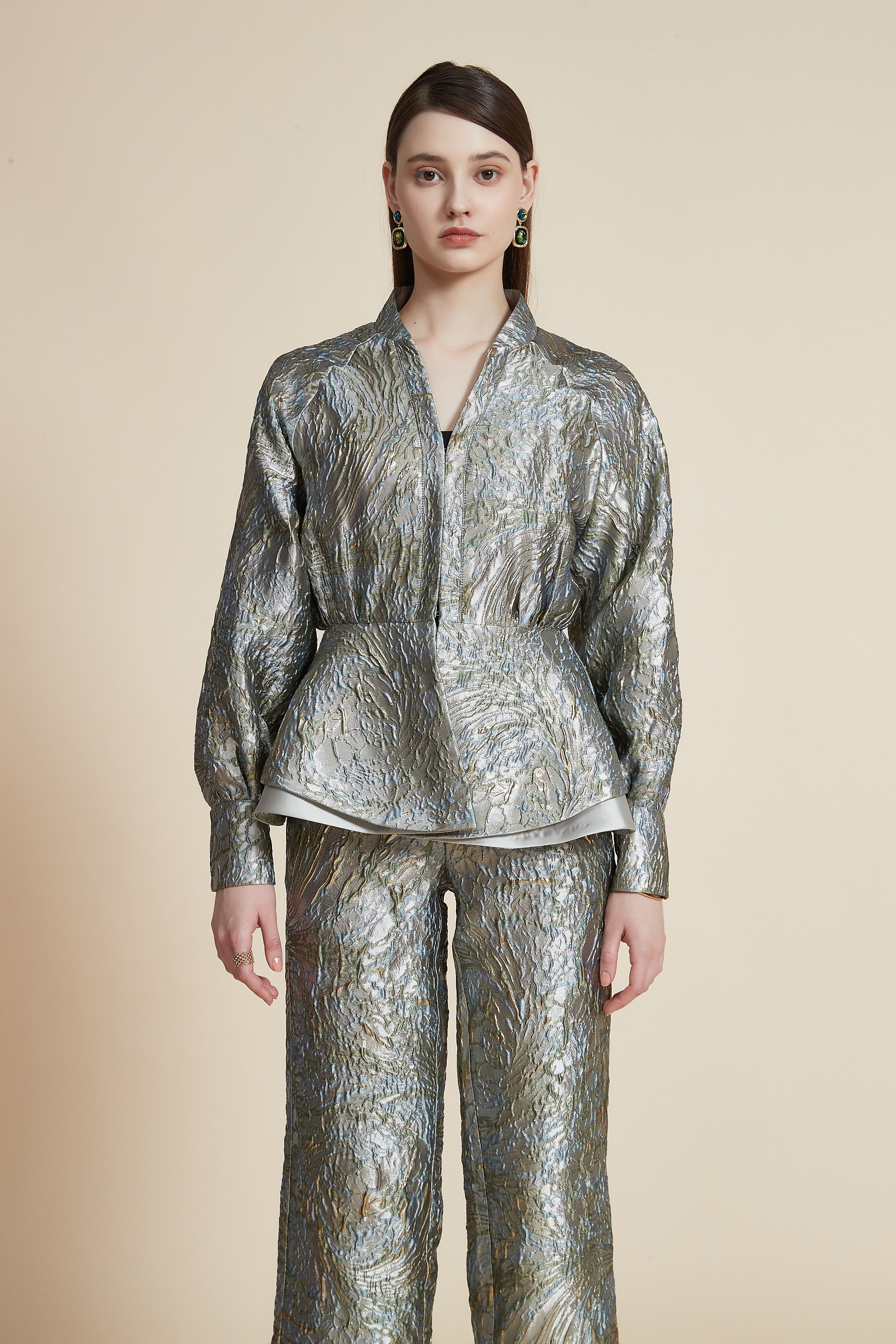 Wide Long-Sleeve Blouse with Embossed Embroidery