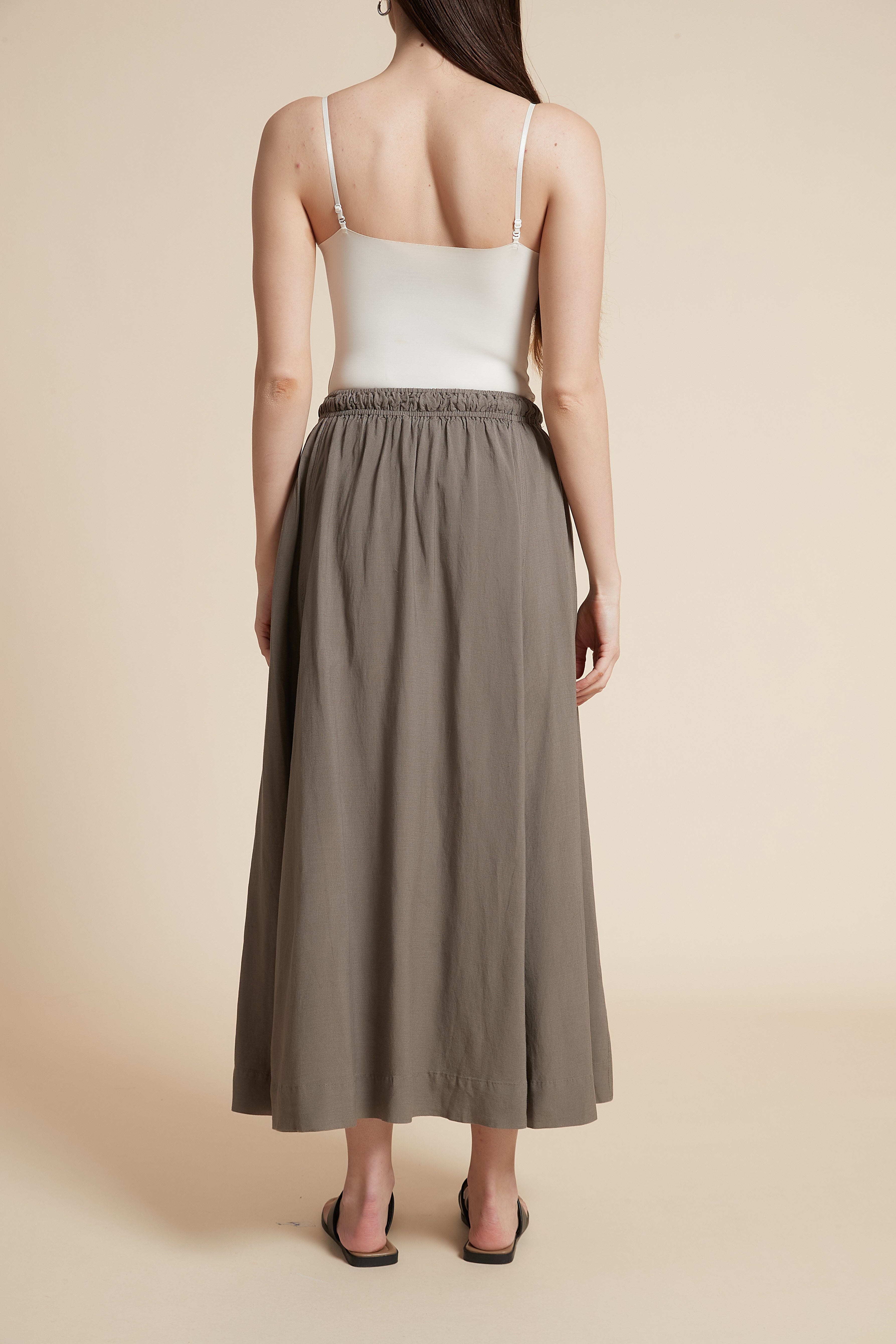 Plain Midi Skirt with Flared Cut and Waist Tie