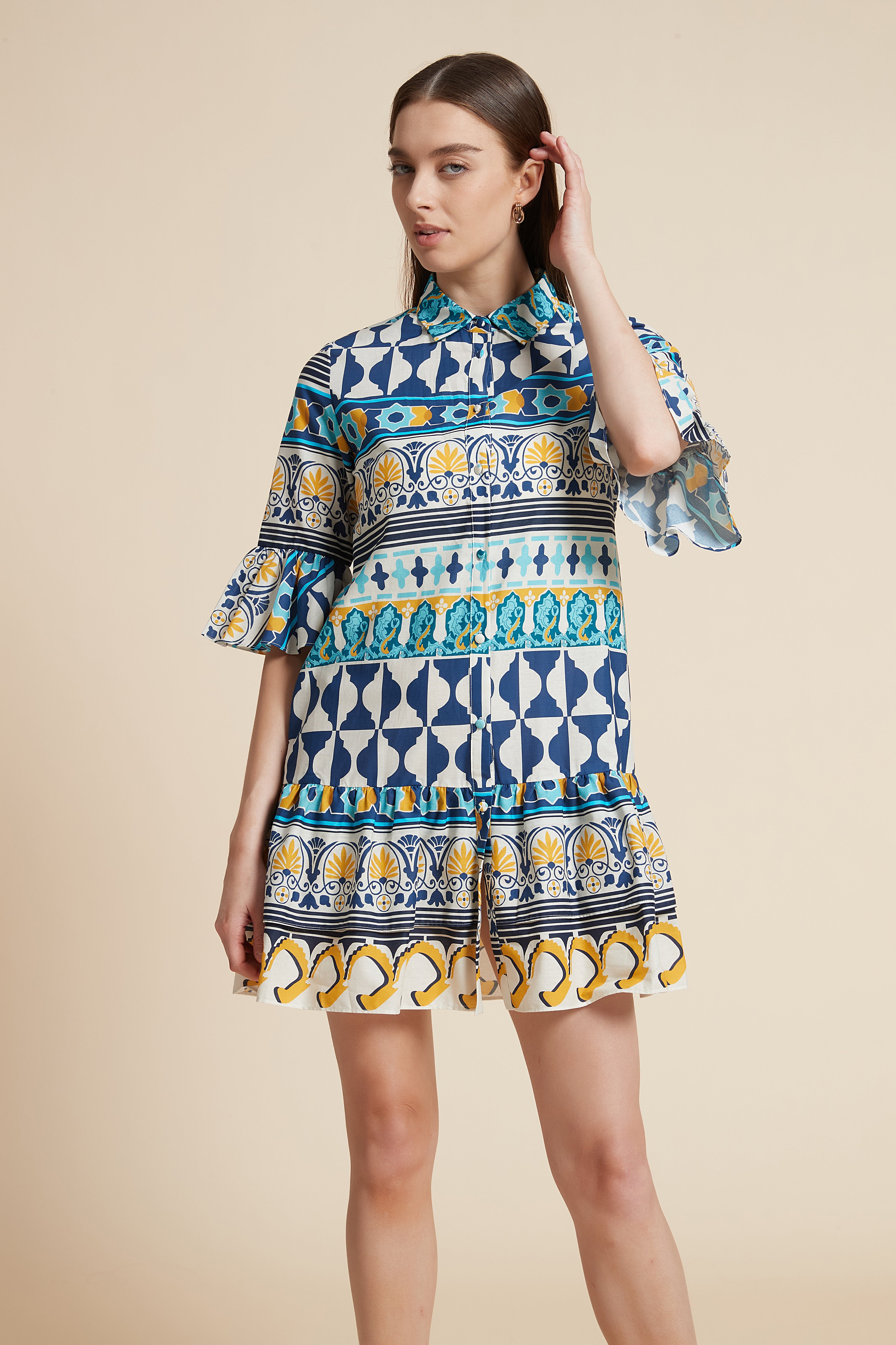 Short Printed Half-Sleeve Dress