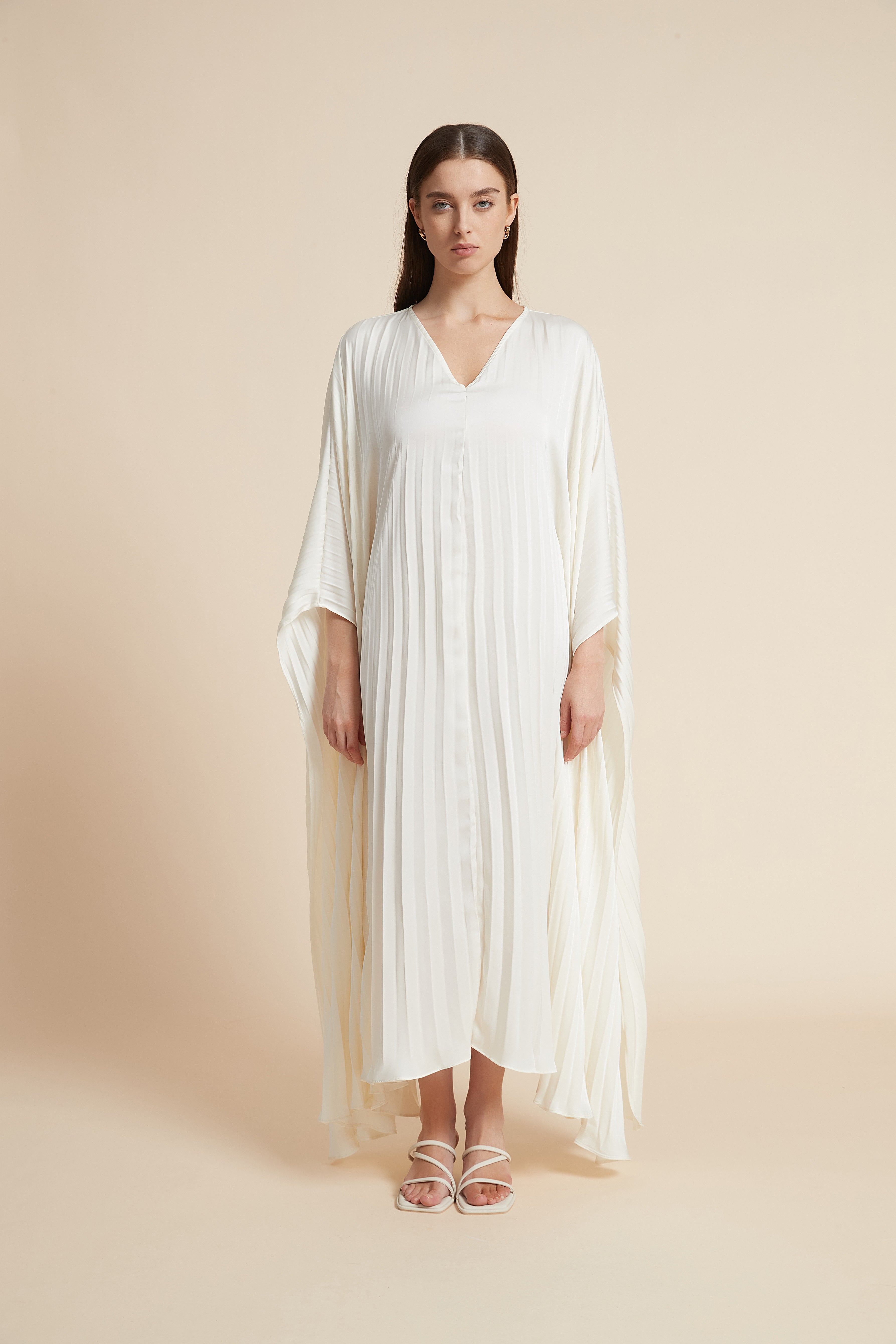 Long Ribbed Dress with Wide Long Sleeves and V-Neck