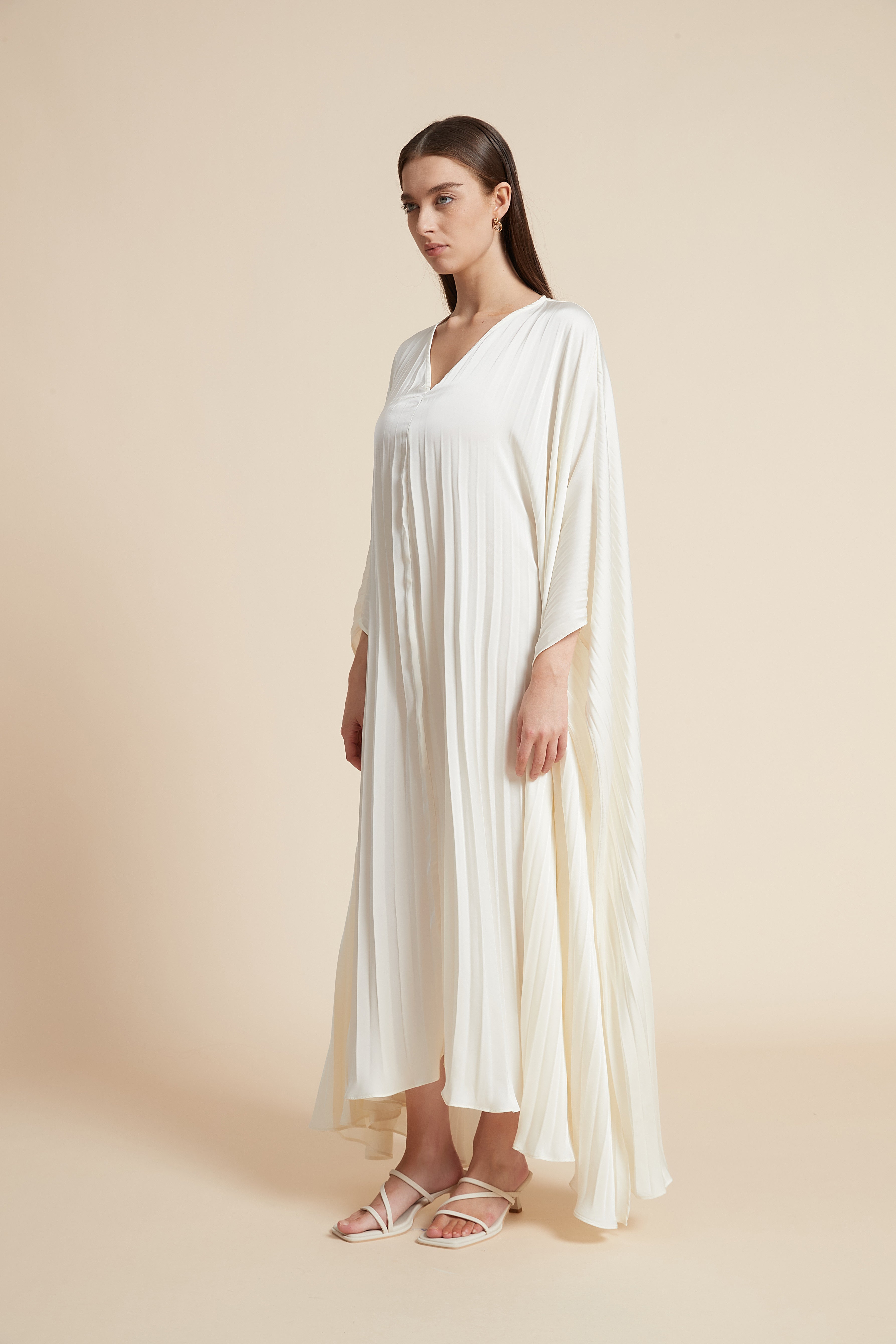 Long Ribbed Dress with Wide Long Sleeves and V-Neck