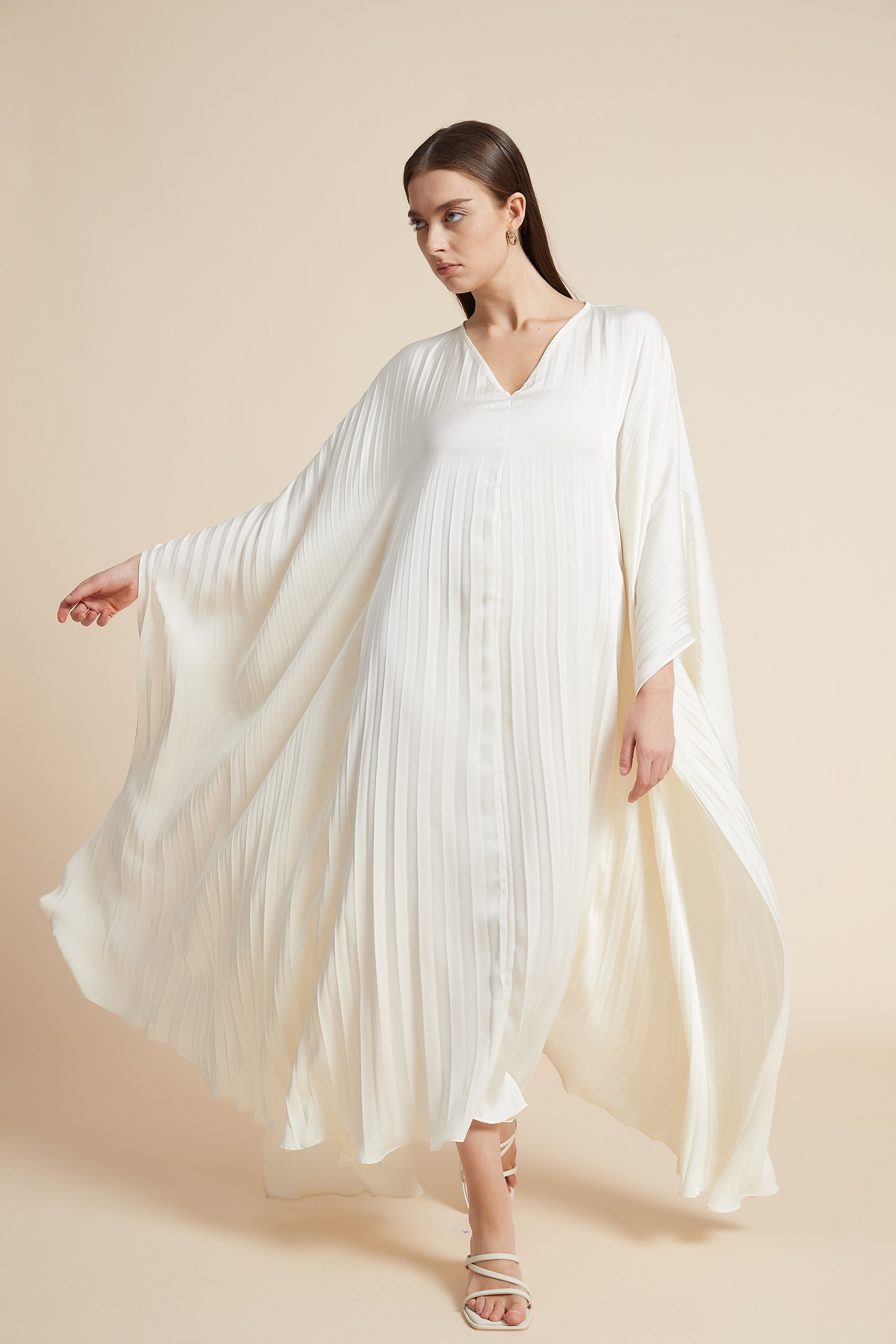 Long Ribbed Dress with Wide Long Sleeves and V-Neck