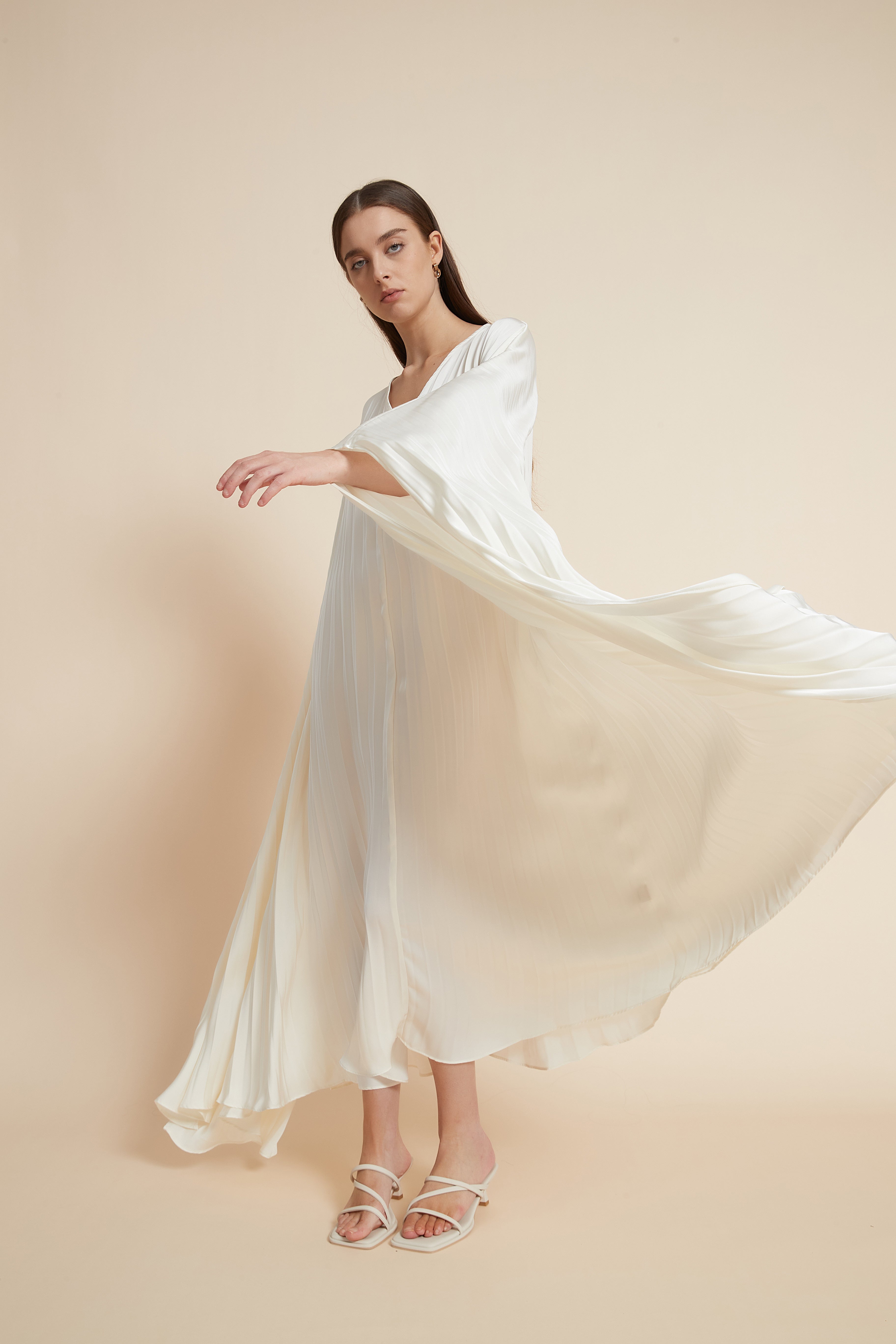 Long Ribbed Dress with Wide Long Sleeves and V-Neck