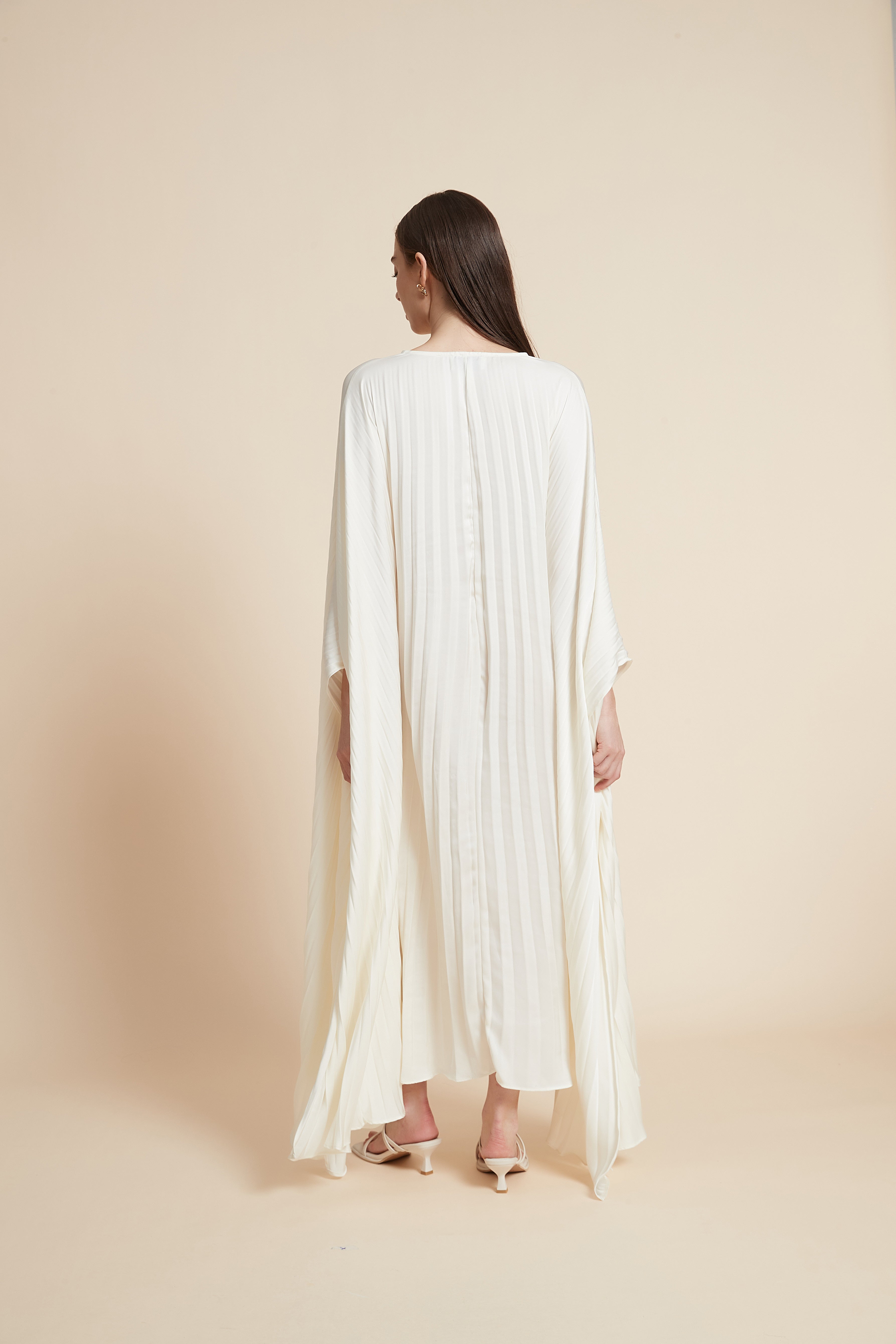 Long Ribbed Dress with Wide Long Sleeves and V-Neck